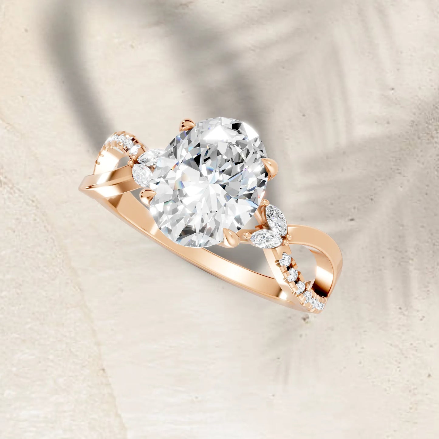 14K Gold Oval Cut Diamond with Split Shank Marquise Cathedral Engagement Ring