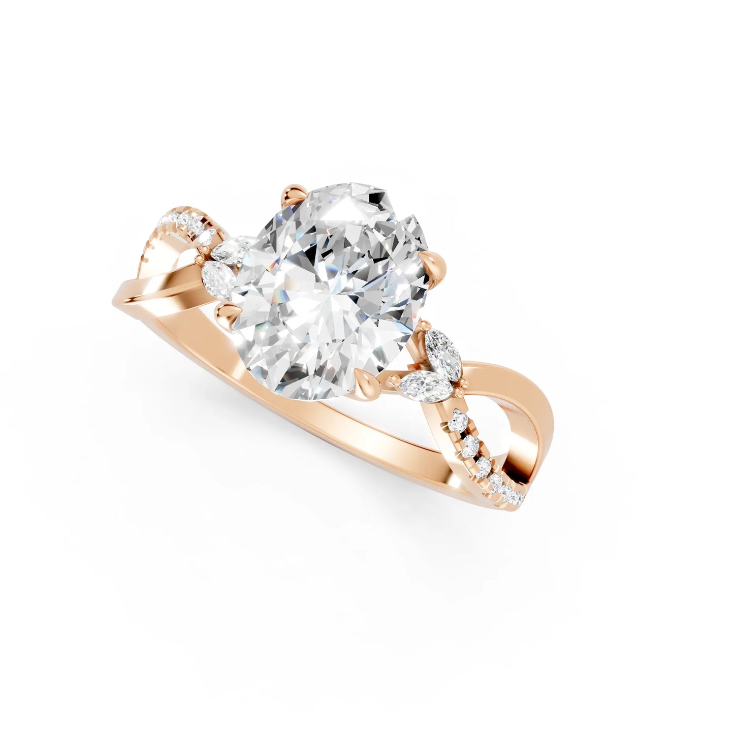 14K Gold Oval Cut Diamond with Split Shank Marquise Cathedral Engagement Ring