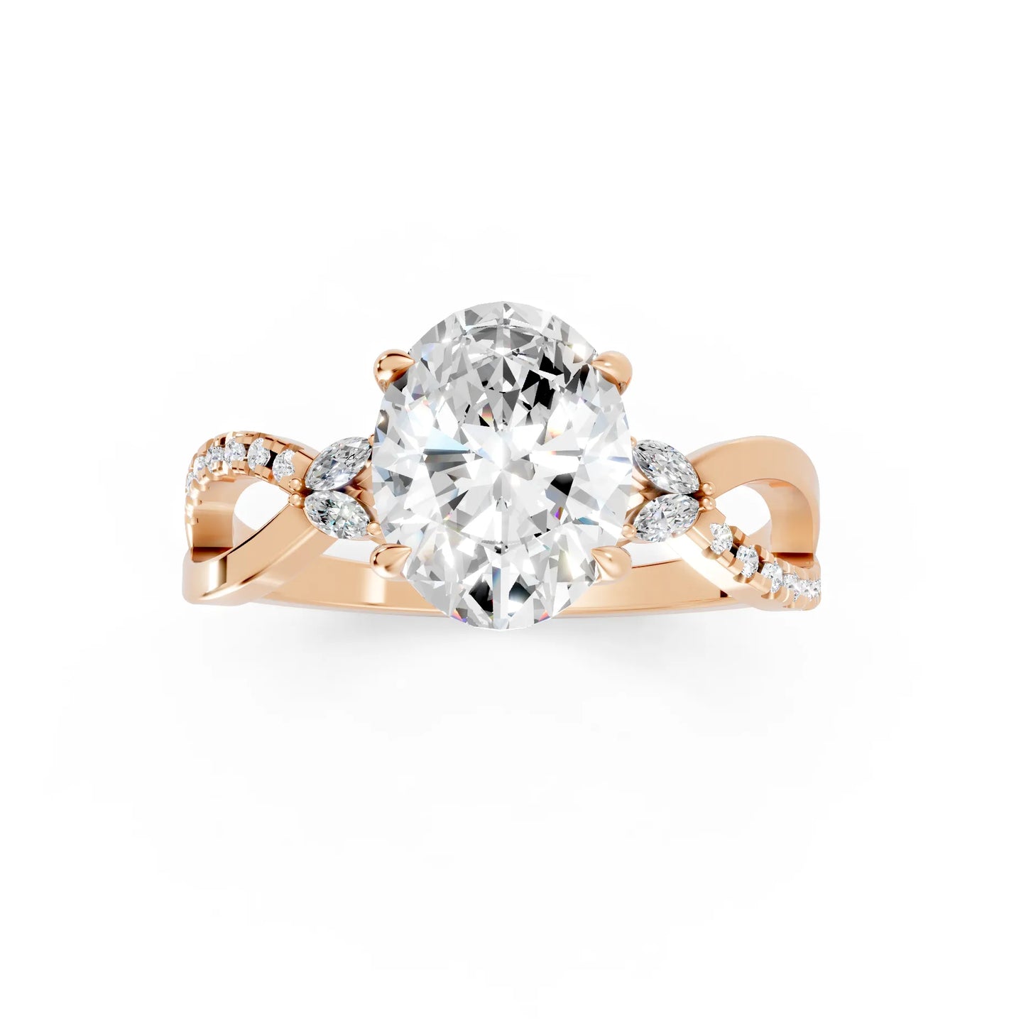 14K Gold Oval Cut Diamond with Split Shank Marquise Cathedral Engagement Ring