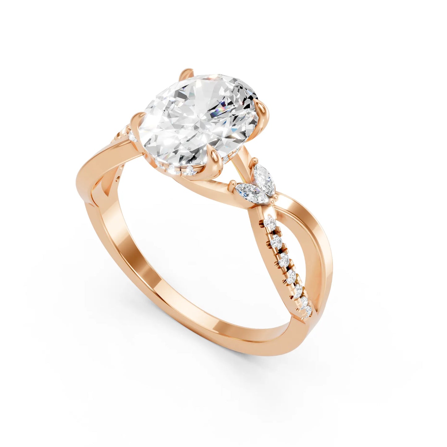 14K Gold Oval Cut Diamond with Split Shank Marquise Cathedral Engagement Ring
