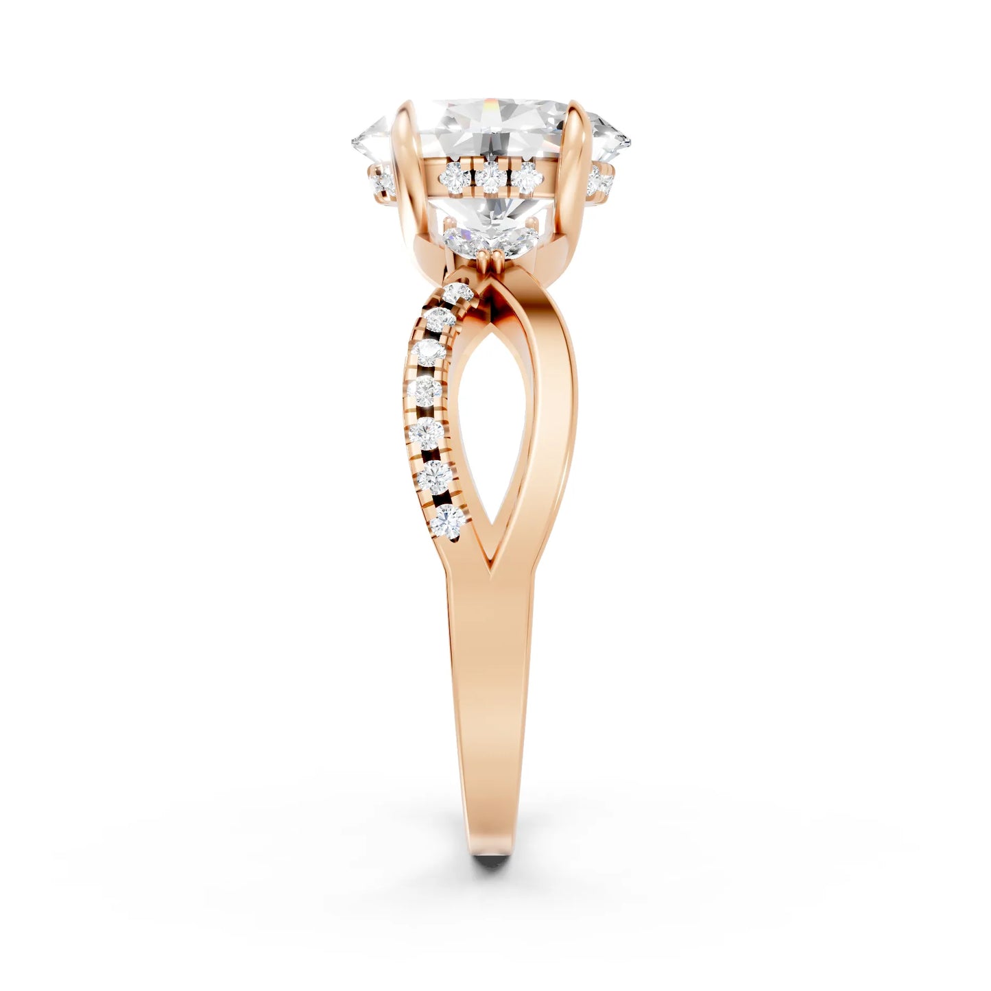 14K Gold Oval Cut Diamond with Split Shank Marquise Cathedral Engagement Ring