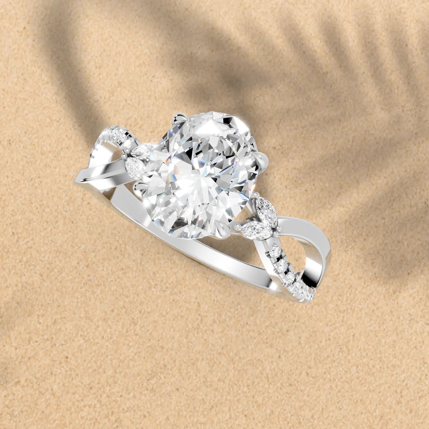14K Gold Oval Cut Diamond with Split Shank Marquise Cathedral Engagement Ring