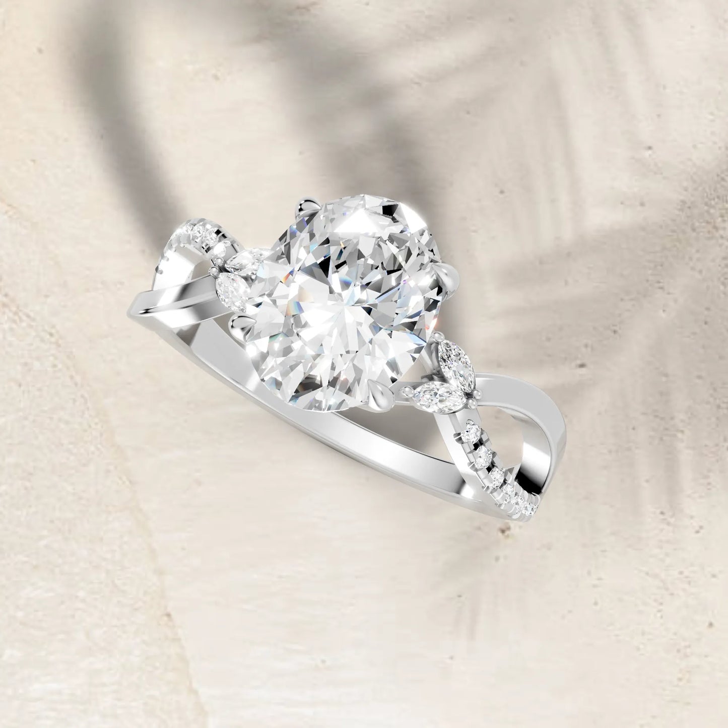 14K Gold Oval Cut Diamond with Split Shank Marquise Cathedral Engagement Ring