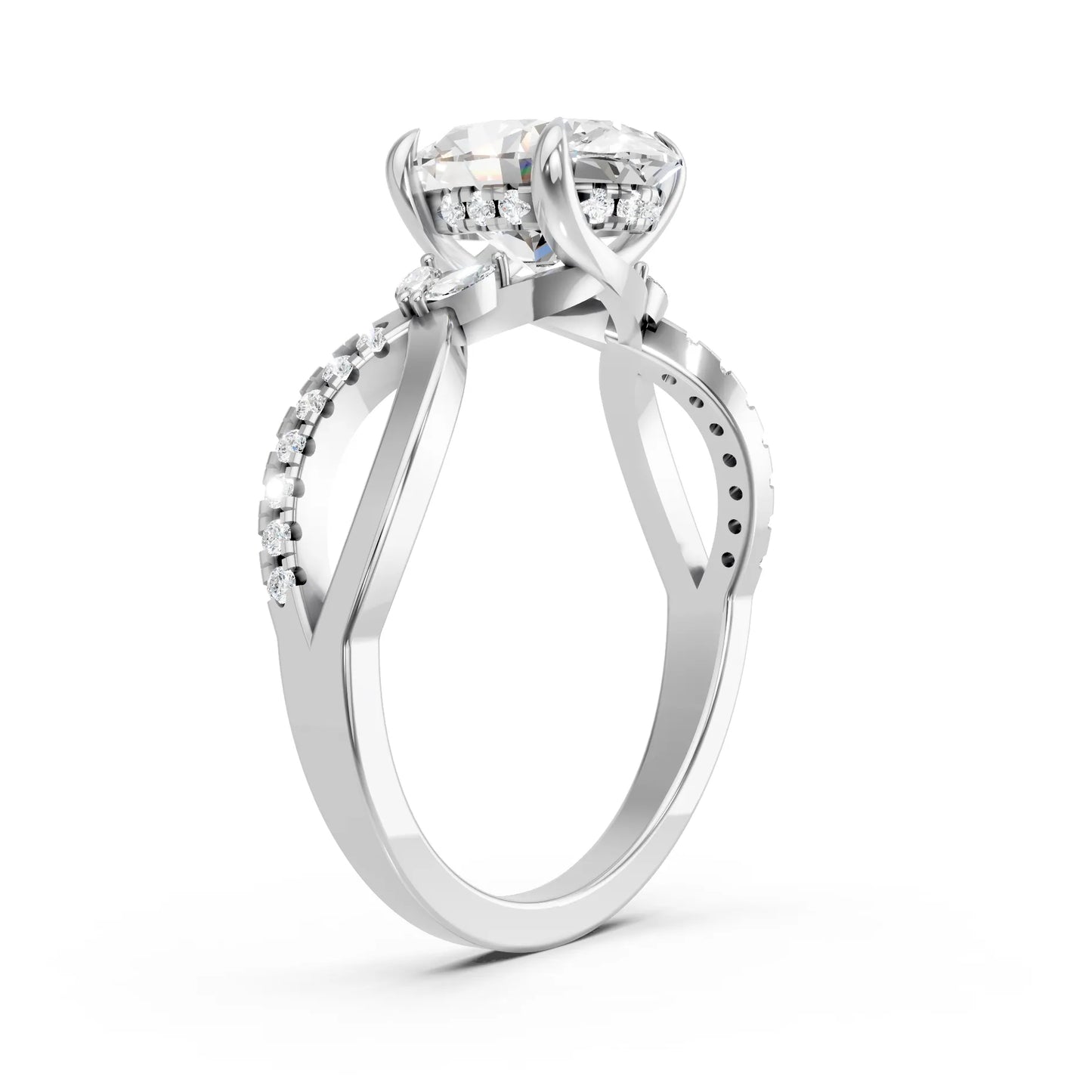 14K Gold Oval Cut Diamond with Split Shank Marquise Cathedral Engagement Ring