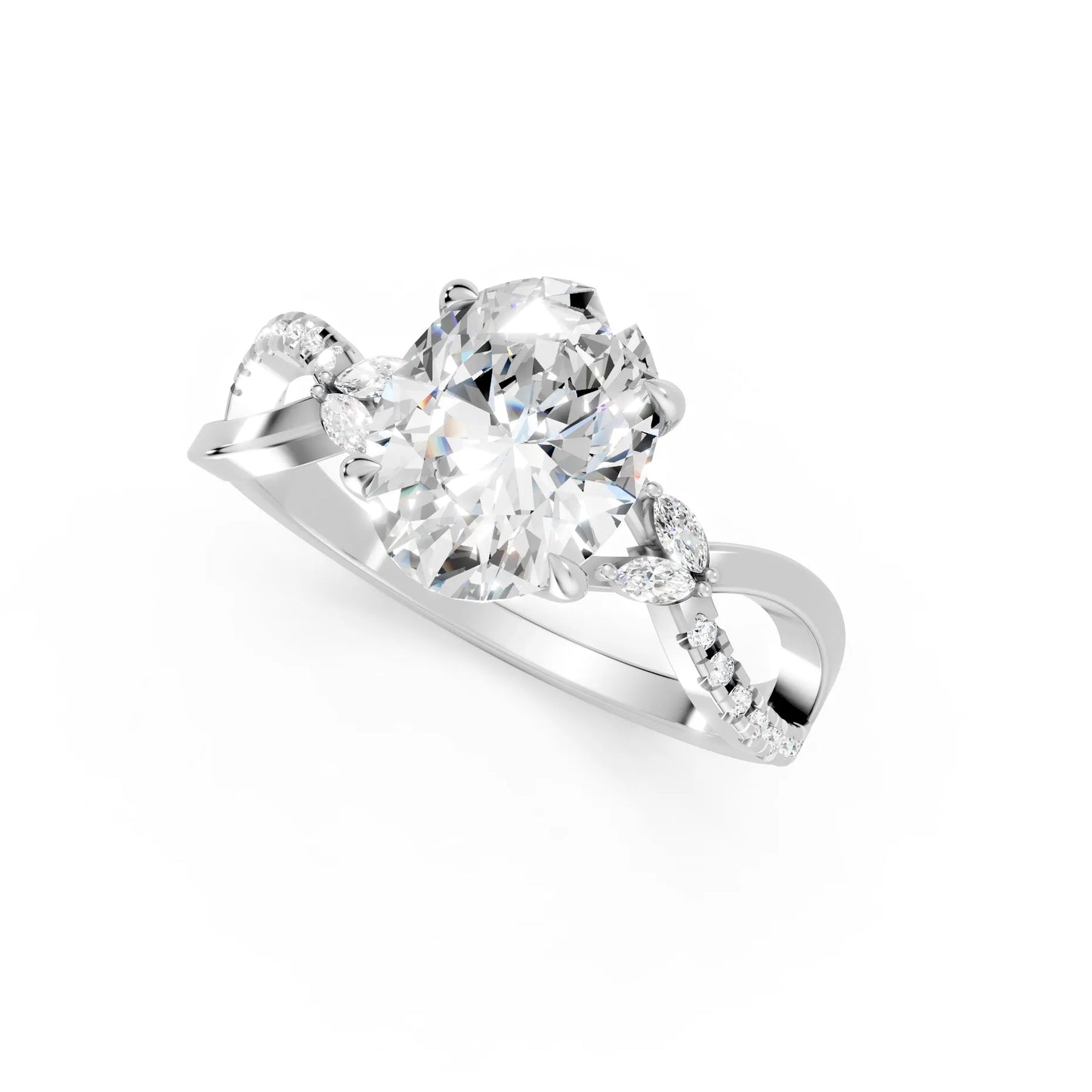 14K Gold Oval Cut Diamond with Split Shank Marquise Cathedral Engagement Ring
