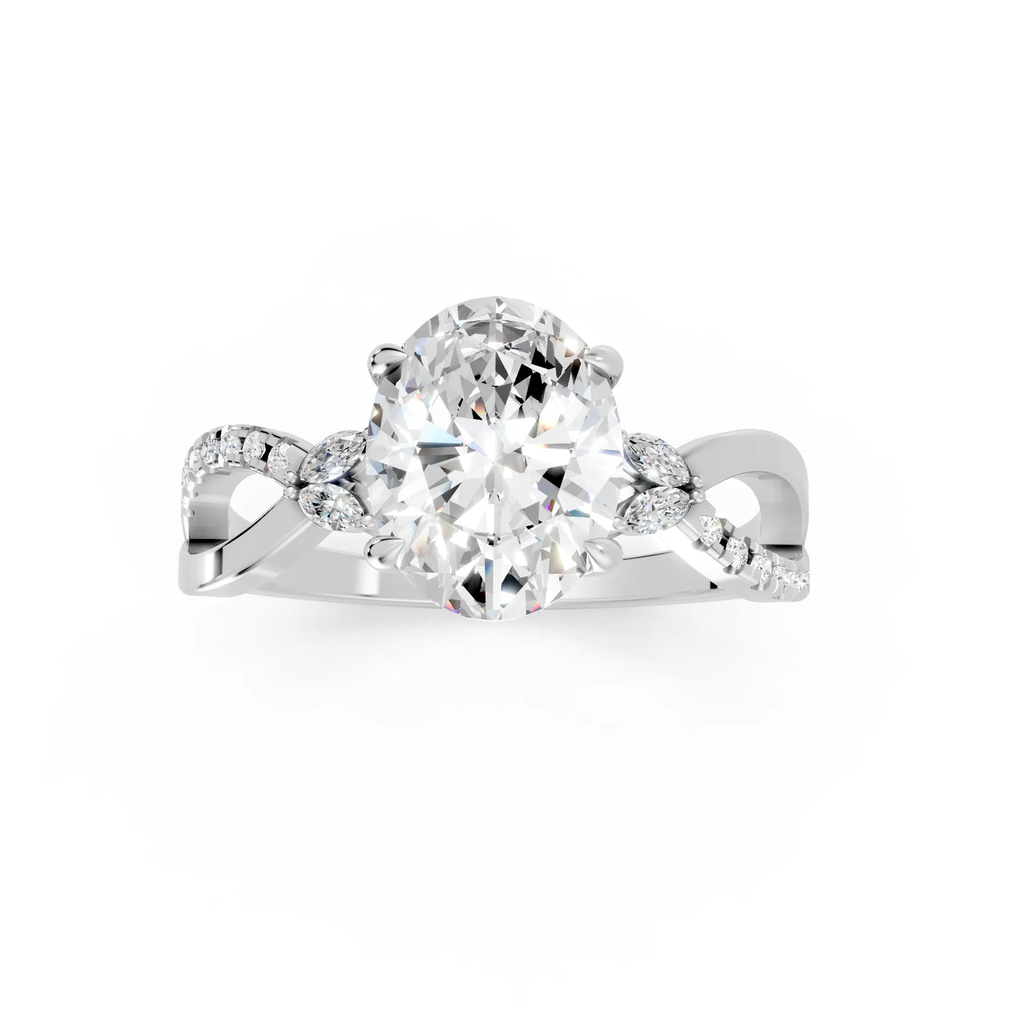 14K Gold Oval Cut Diamond with Split Shank Marquise Cathedral Engagement Ring