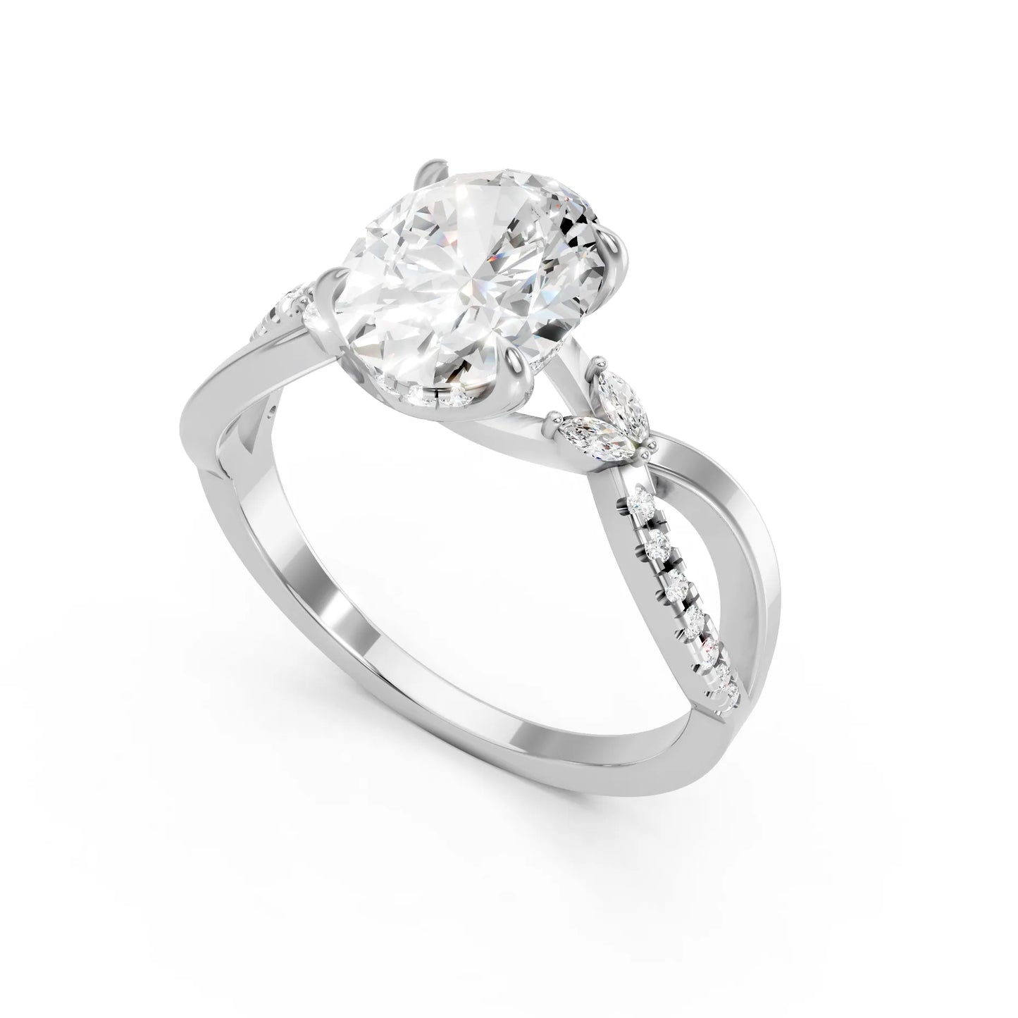 14K Gold Oval Cut Diamond with Split Shank Marquise Cathedral Engagement Ring