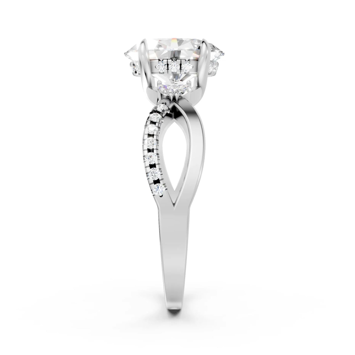 14K Gold Oval Cut Diamond with Split Shank Marquise Cathedral Engagement Ring