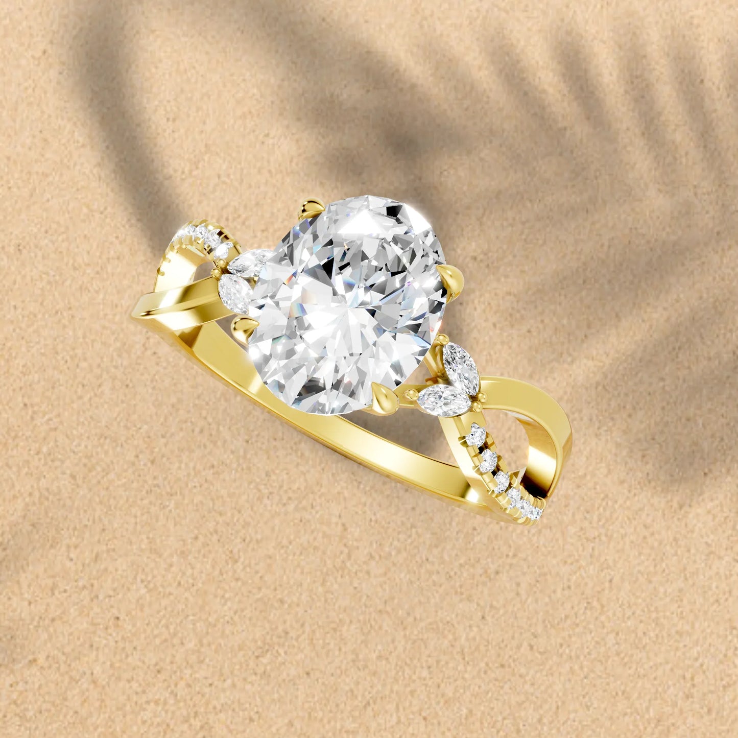 14K Gold Oval Cut Diamond with Split Shank Marquise Cathedral Engagement Ring