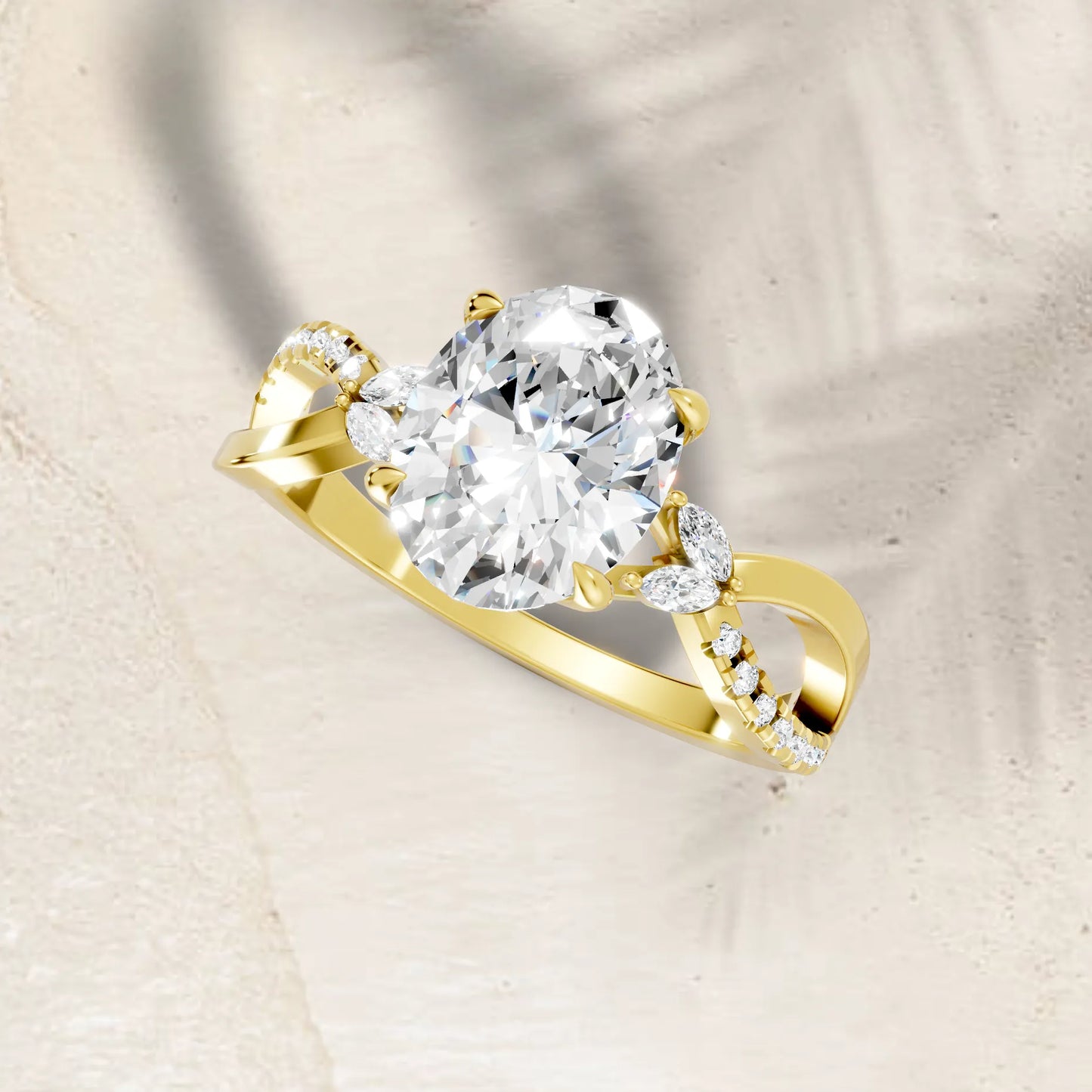 14K Gold Oval Cut Diamond with Split Shank Marquise Cathedral Engagement Ring