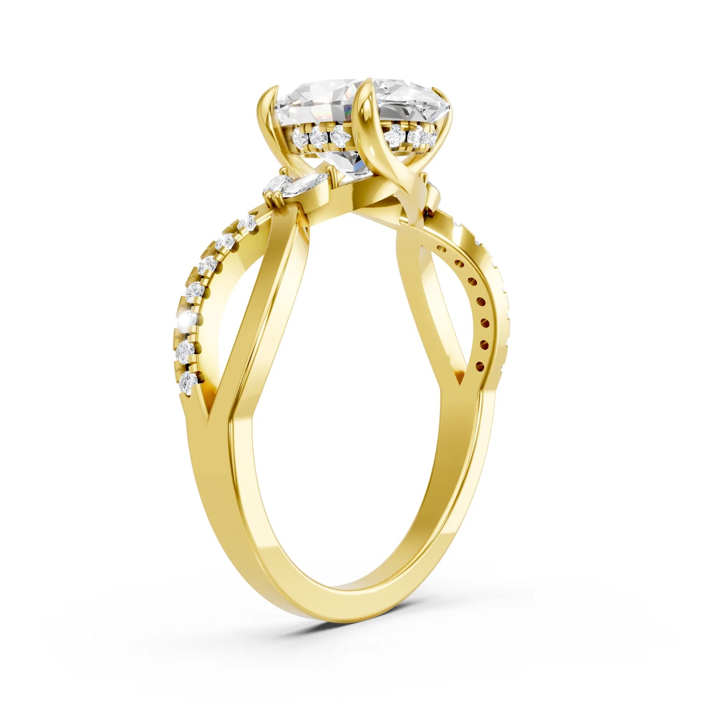 14K Gold Oval Cut Diamond with Split Shank Marquise Cathedral Engagement Ring