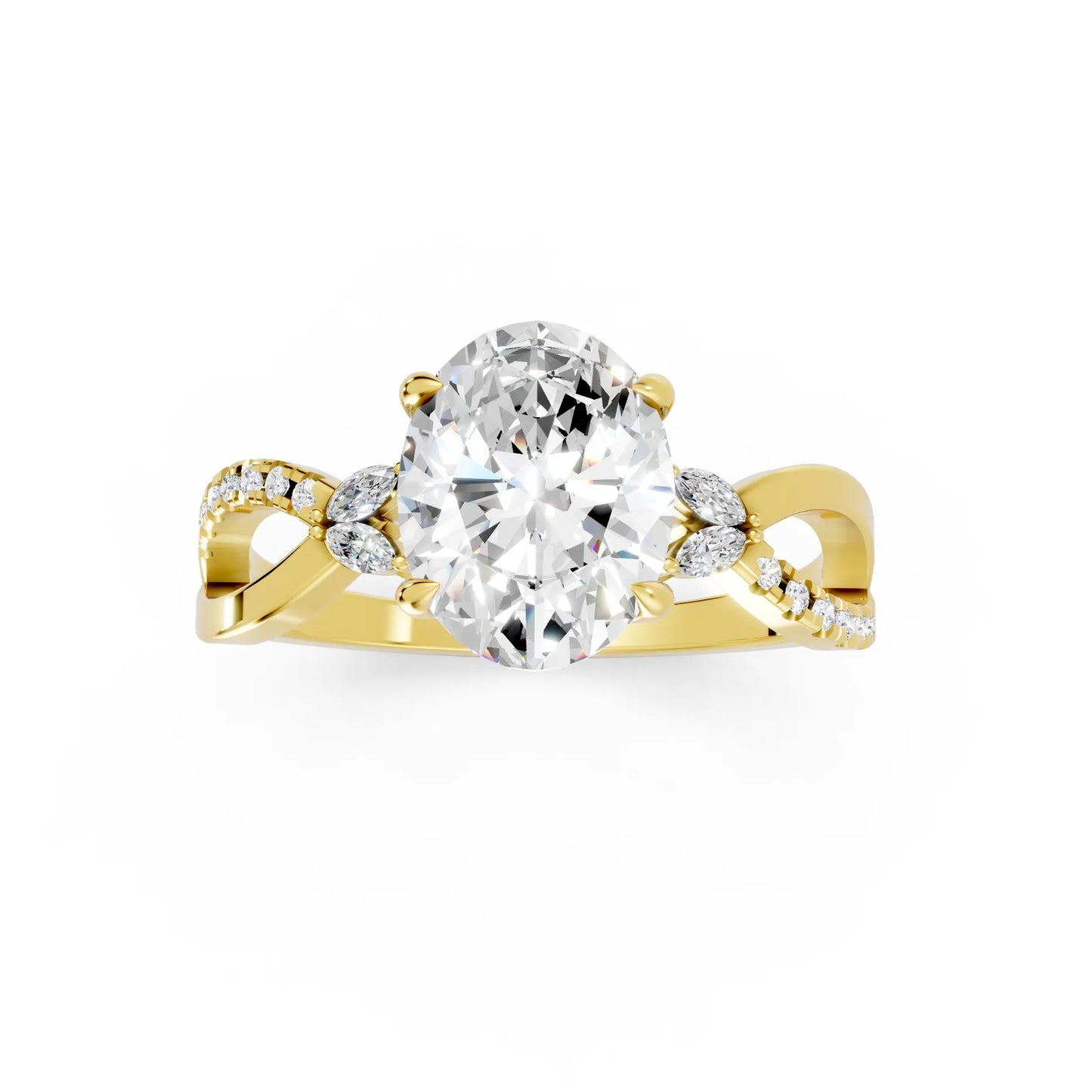 14K Gold Oval Cut Diamond with Split Shank Marquise Cathedral Engagement Ring