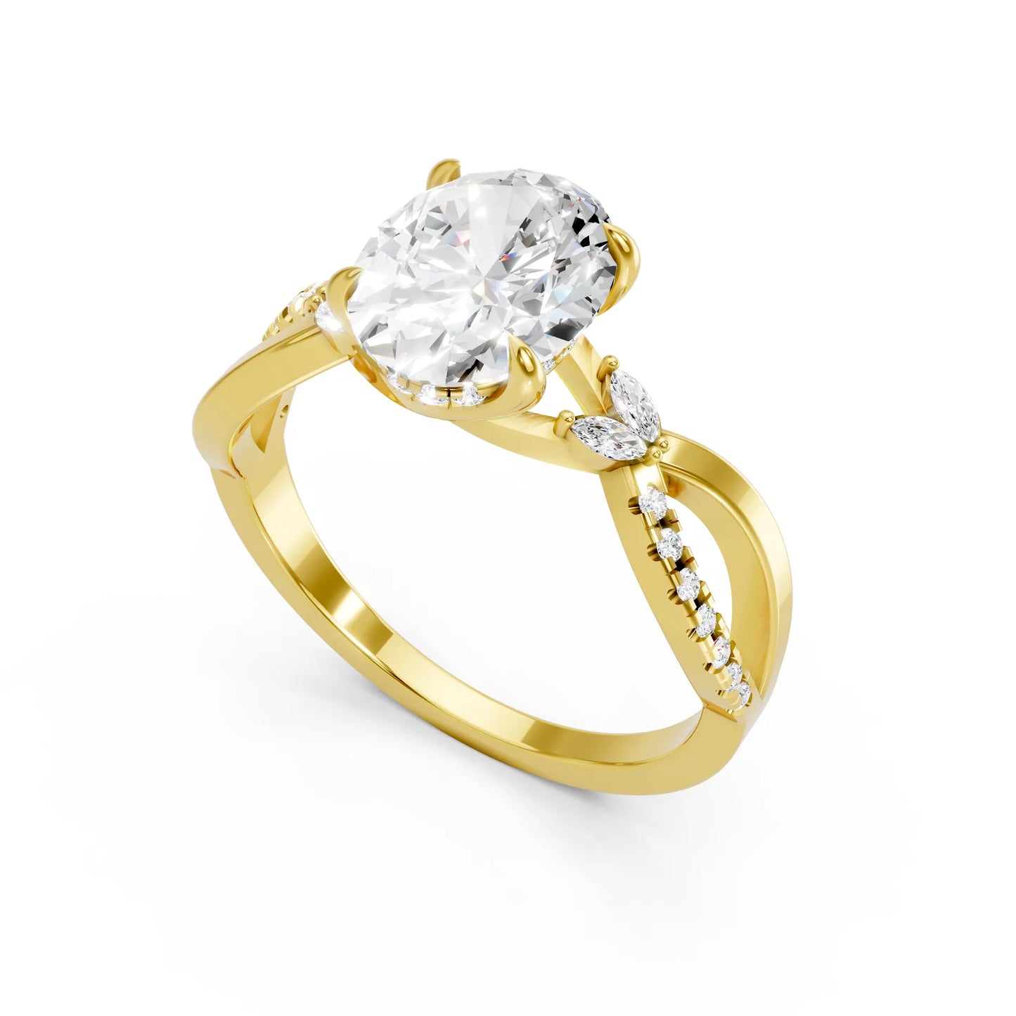 14K Gold Oval Cut Diamond with Split Shank Marquise Cathedral Engagement Ring