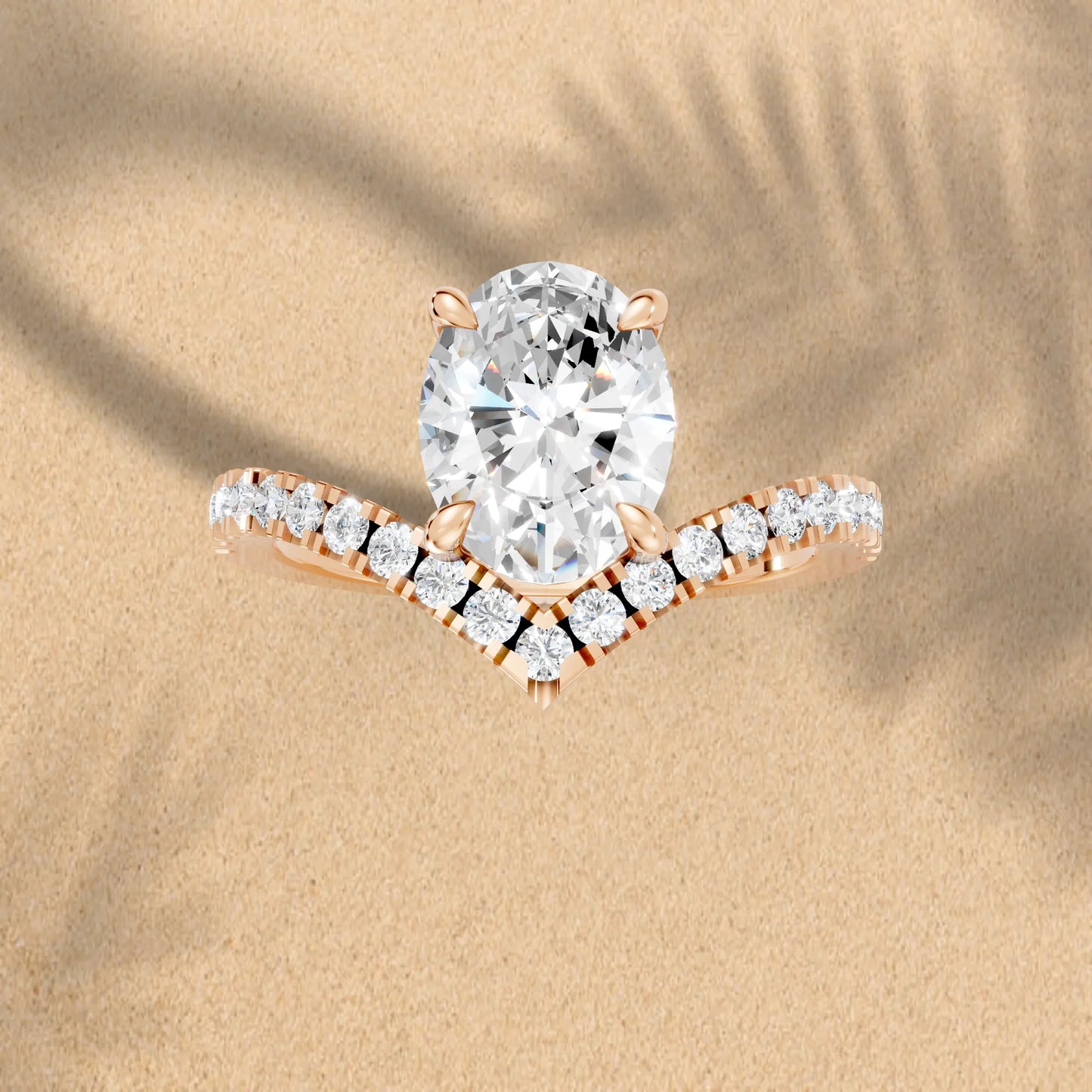 14K Gold Oval Cut Diamond V Shape Engagement Ring with Side Accents