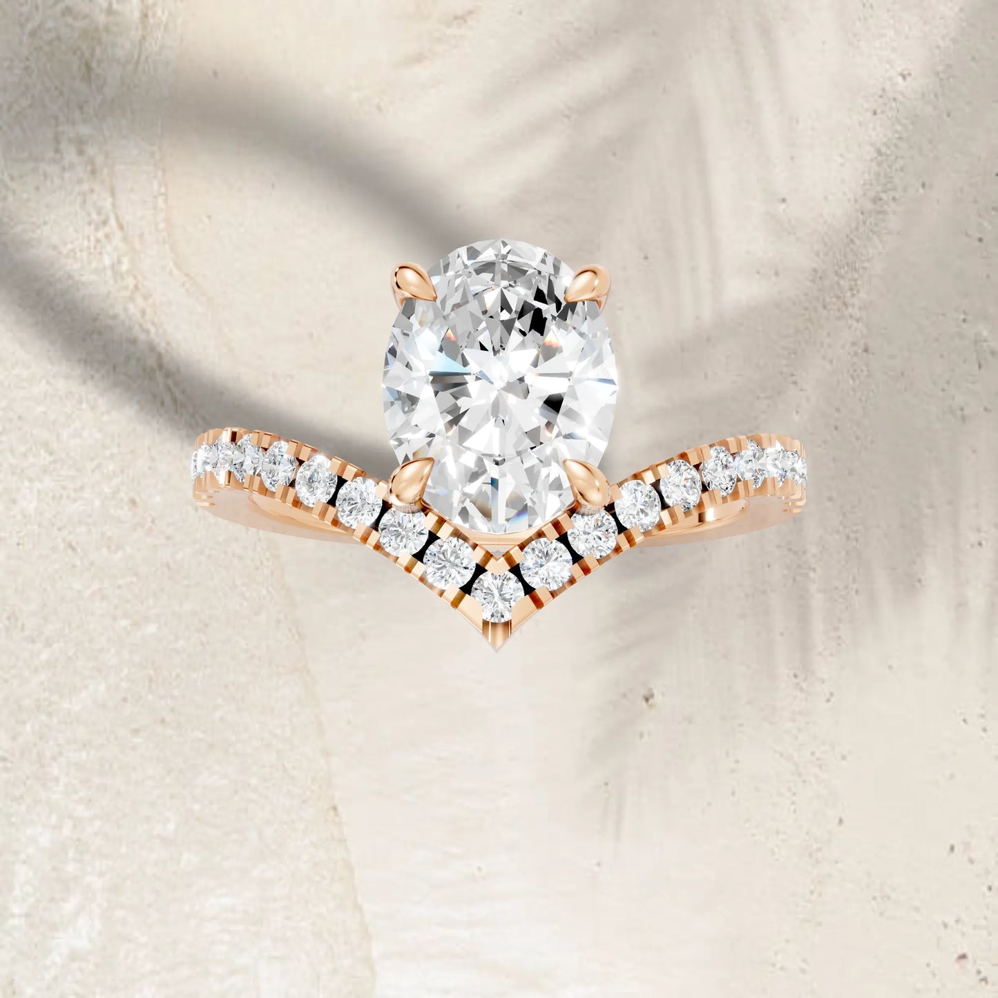 14K Gold Oval Cut Diamond V Shape Engagement Ring with Side Accents