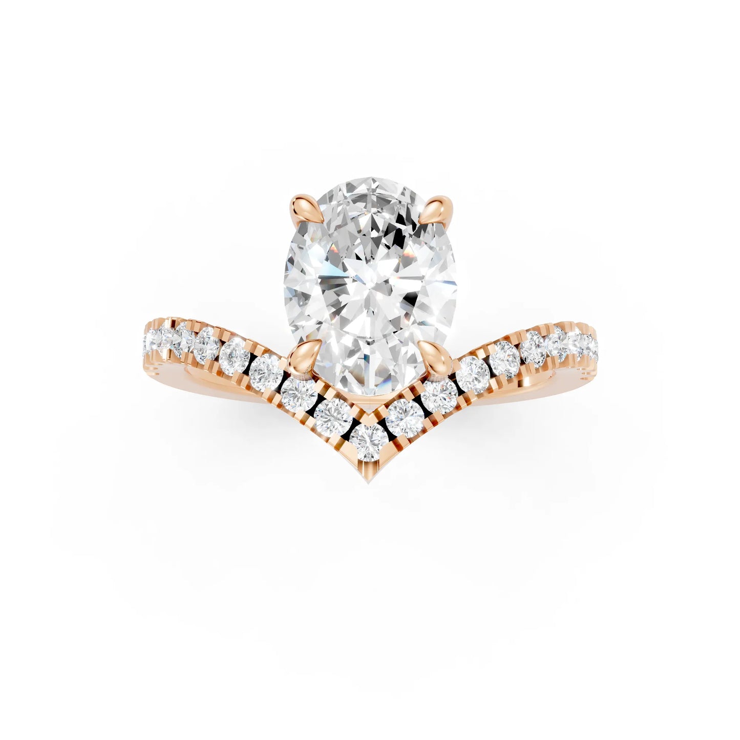 14K Gold Oval Cut Diamond V Shape Engagement Ring with Side Accents