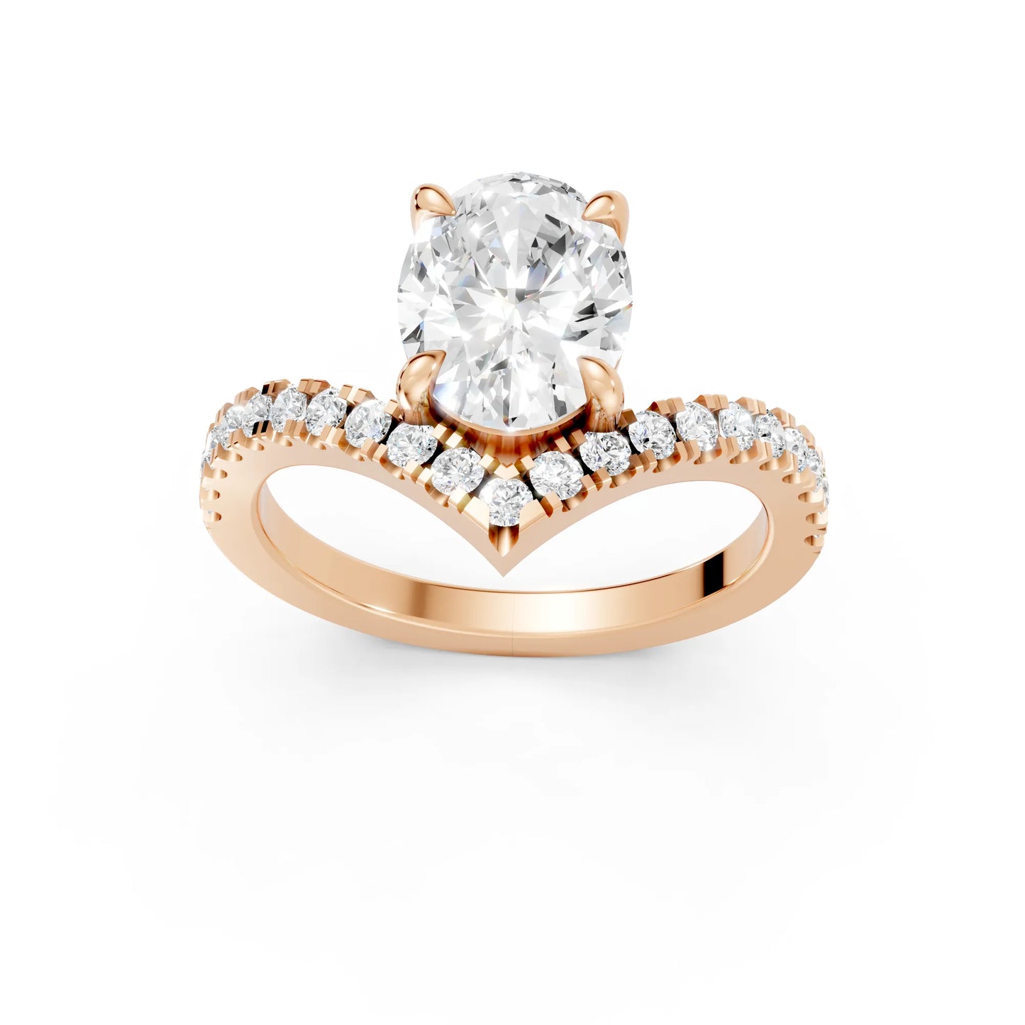 14K Gold Oval Cut Diamond V Shape Engagement Ring with Side Accents