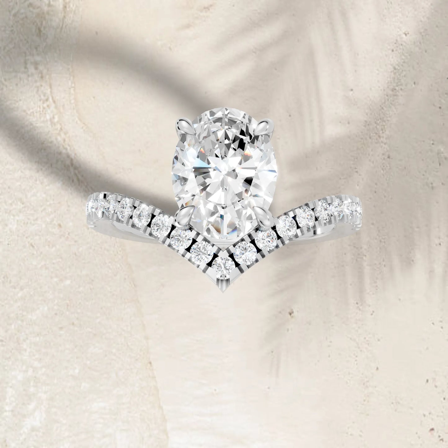 14K Gold Oval Cut Diamond V Shape Engagement Ring with Side Accents