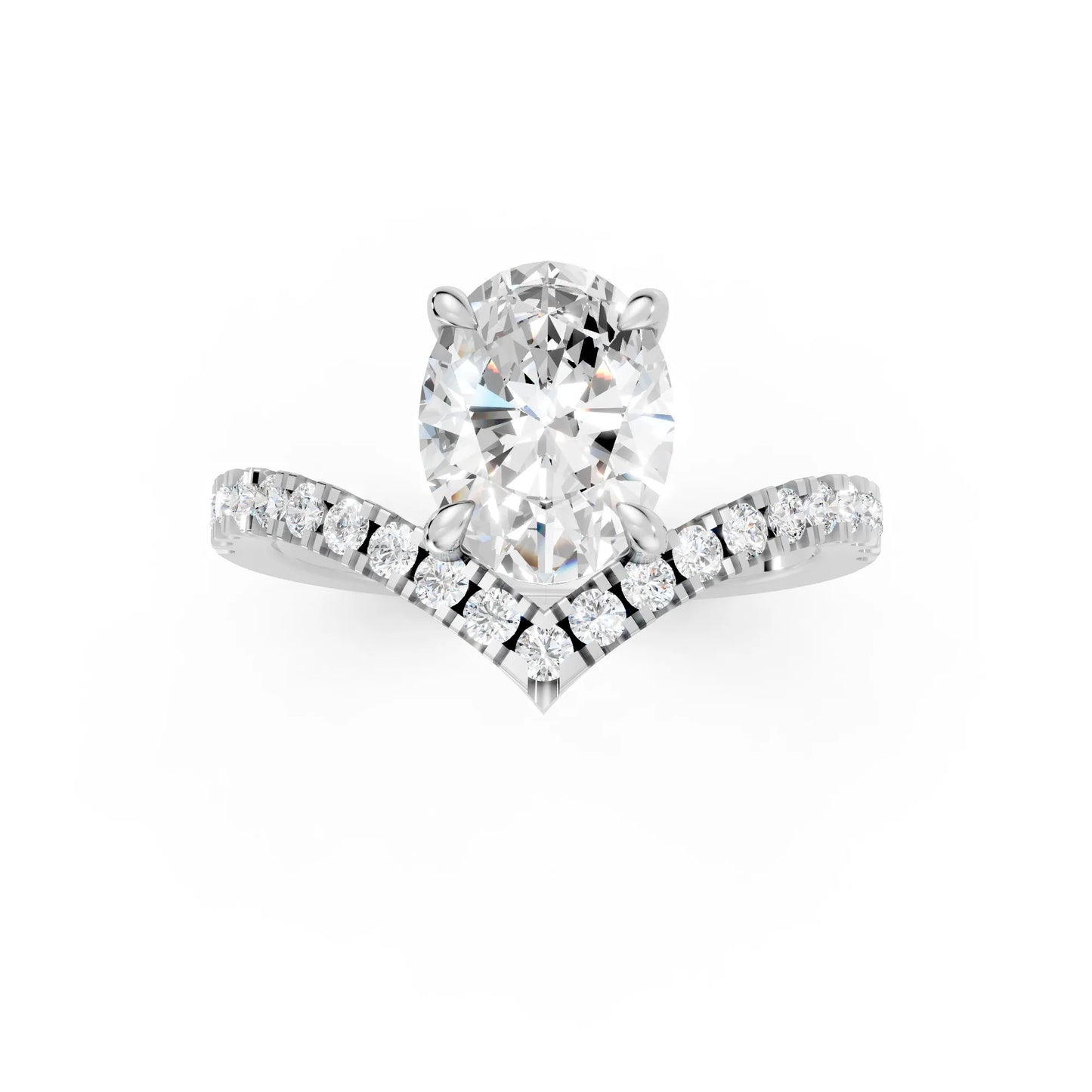 14K Gold Oval Cut Diamond V Shape Engagement Ring with Side Accents