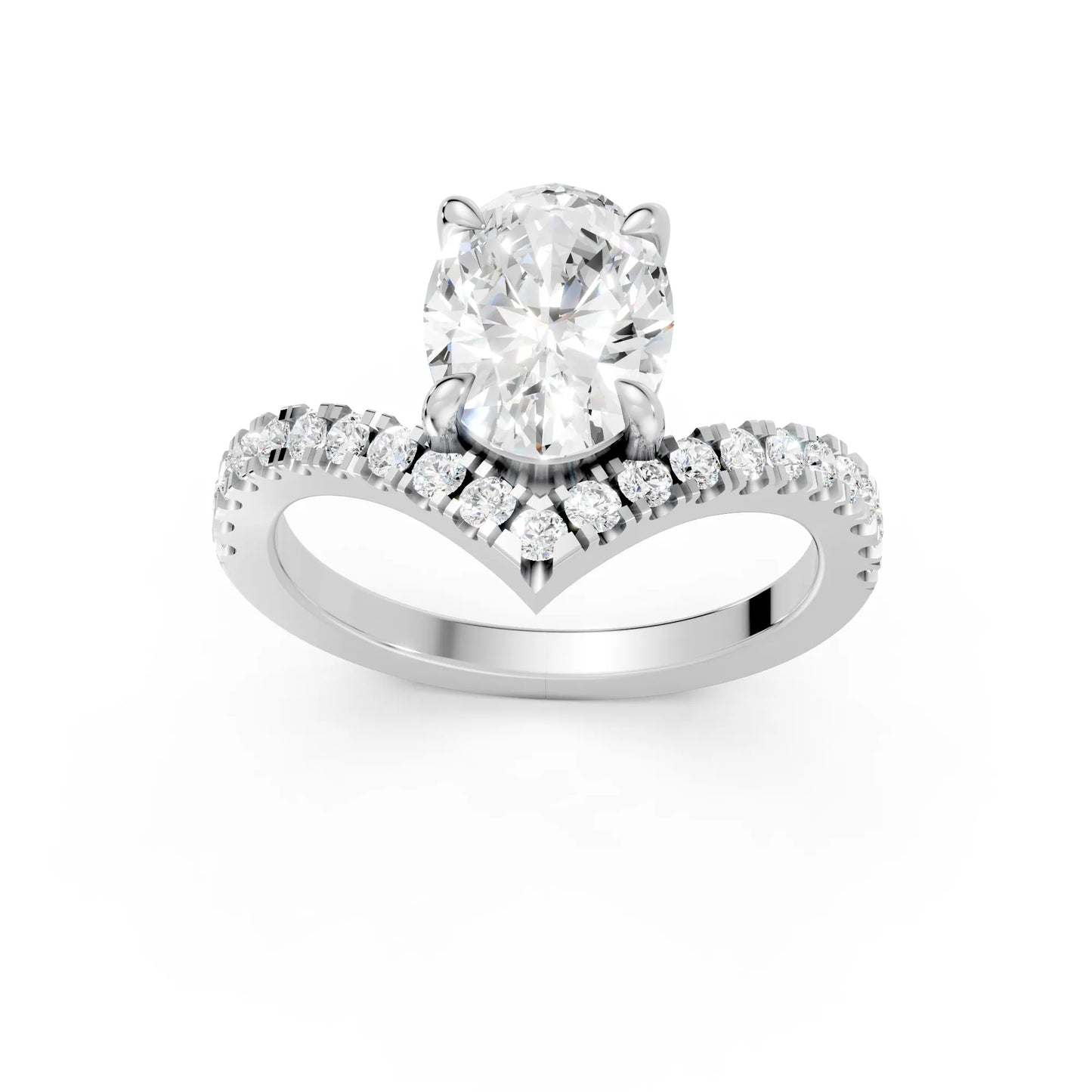 14K Gold Oval Cut Diamond V Shape Engagement Ring with Side Accents