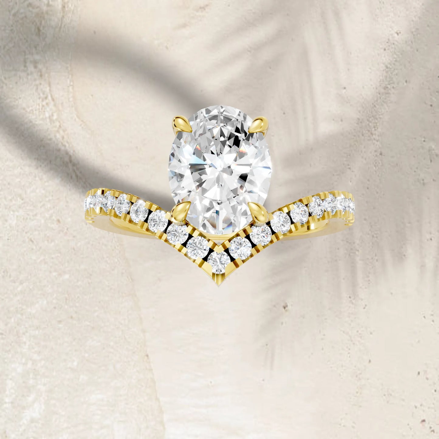 14K Gold Oval Cut Diamond V Shape Engagement Ring with Side Accents