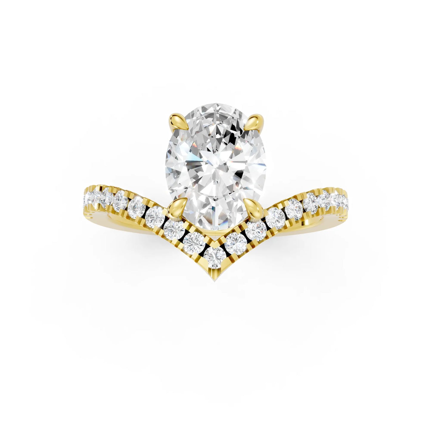 14K Gold Oval Cut Diamond V Shape Engagement Ring with Side Accents
