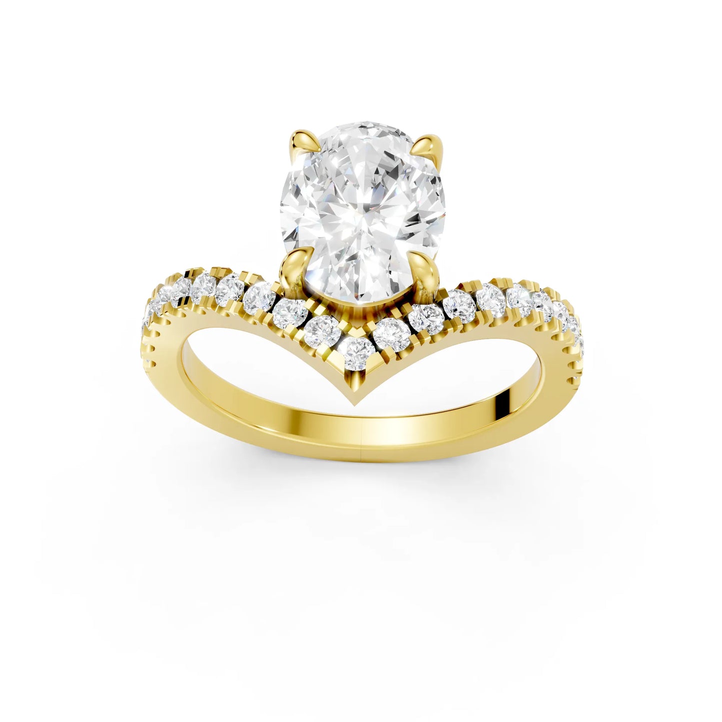 14K Gold Oval Cut Diamond V Shape Engagement Ring with Side Accents