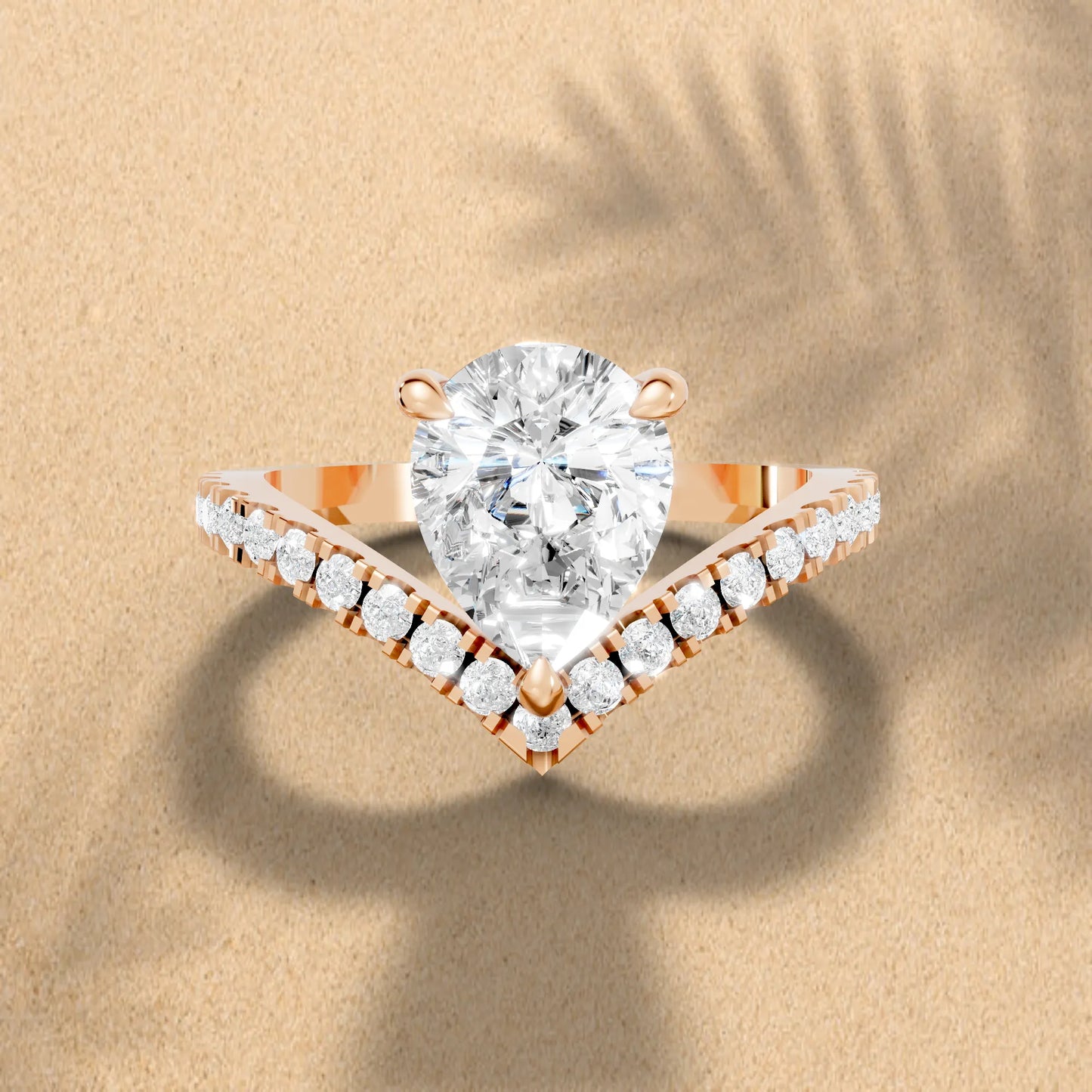 14K Gold Pear Cut Diamond V Shape Engagement Ring with Side Accents