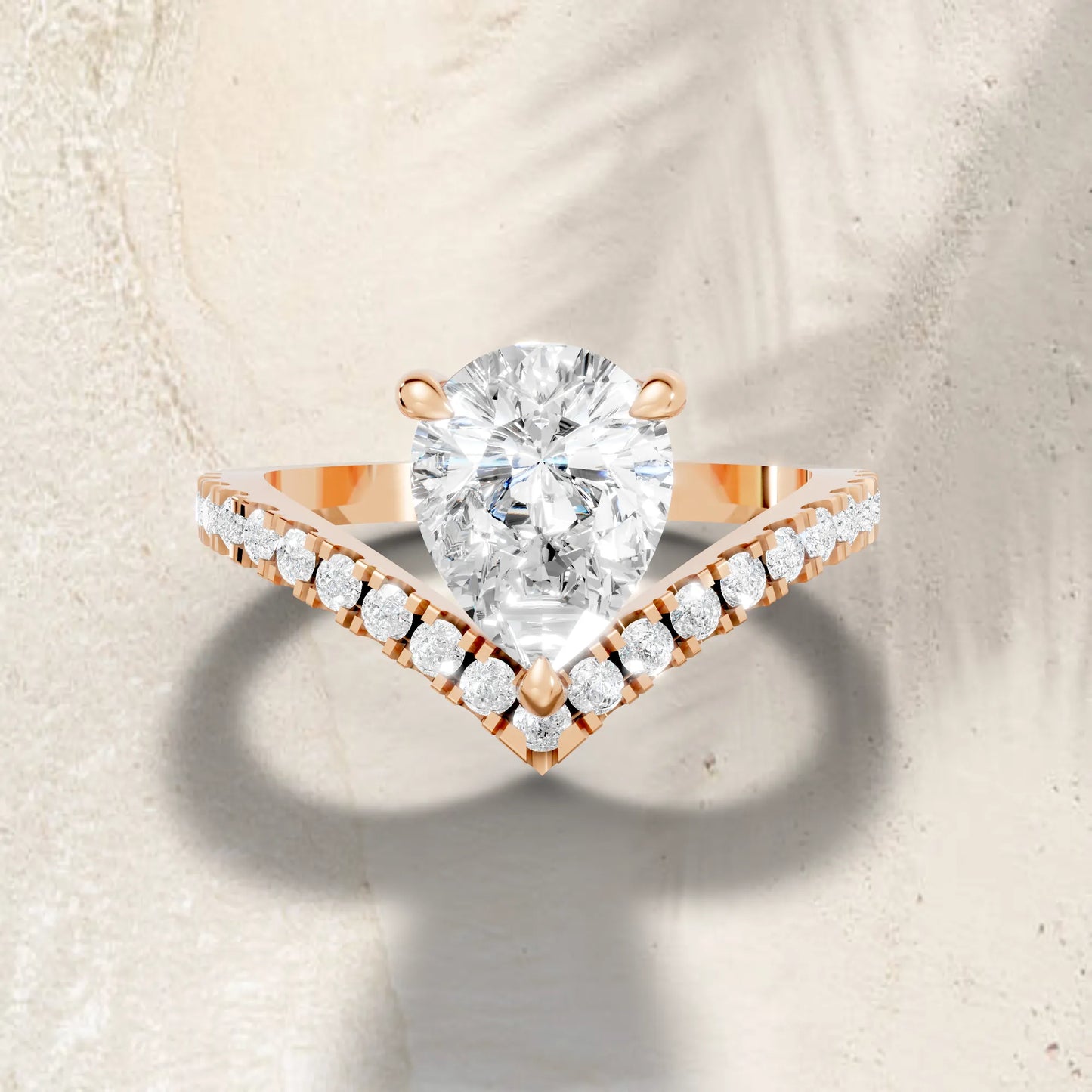 14K Gold Pear Cut Diamond V Shape Engagement Ring with Side Accents