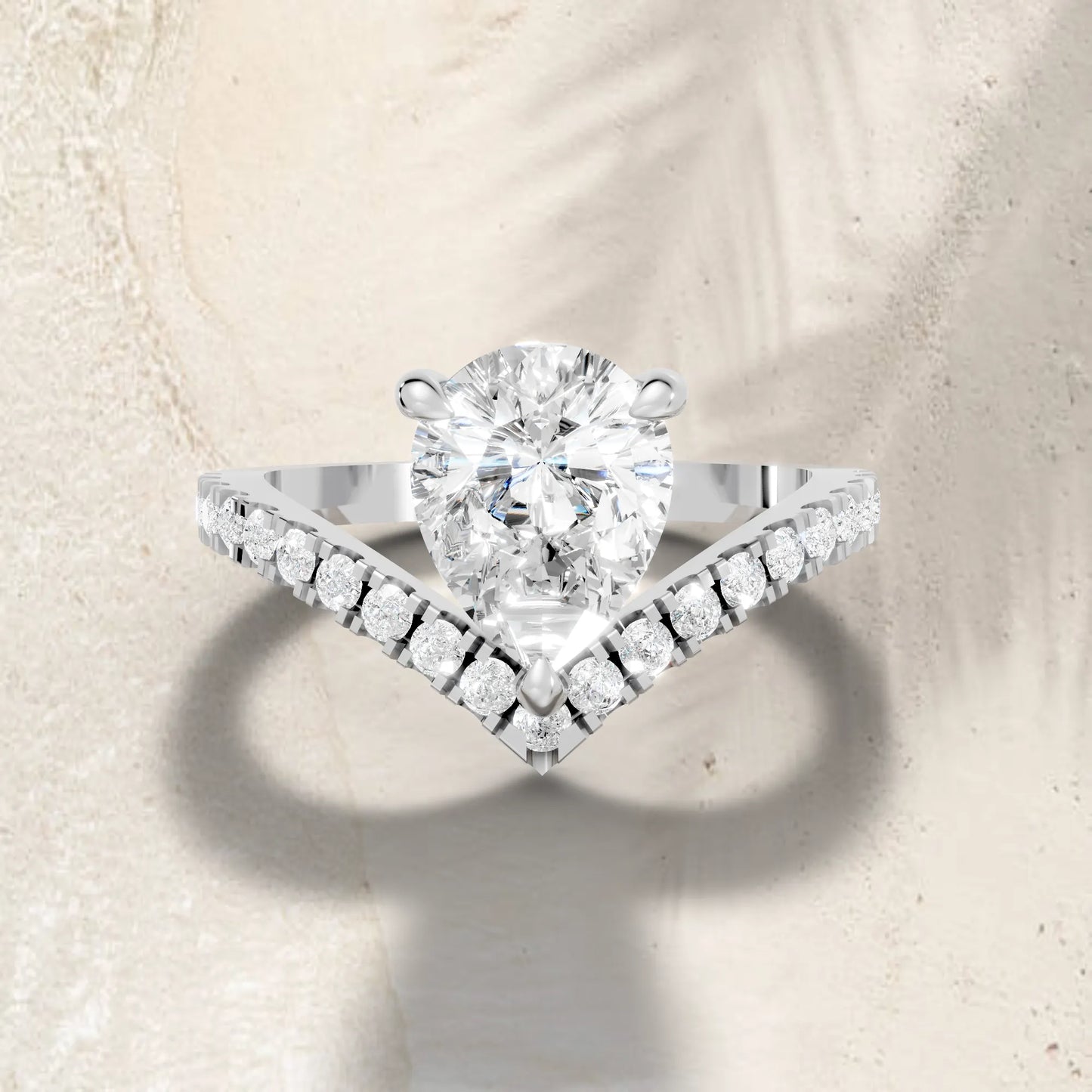 14K Gold Pear Cut Diamond V Shape Engagement Ring with Side Accents