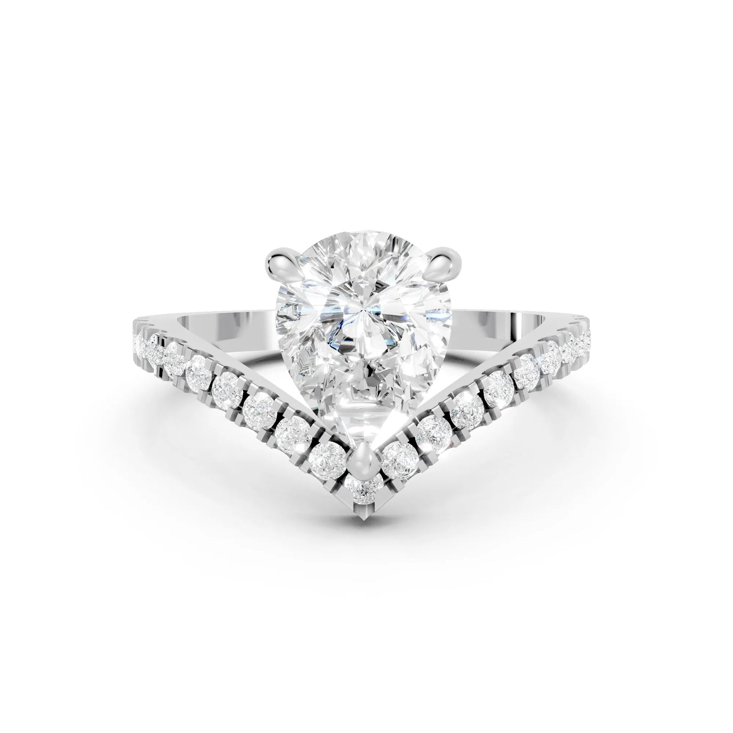 14K Gold Pear Cut Diamond V Shape Engagement Ring with Side Accents