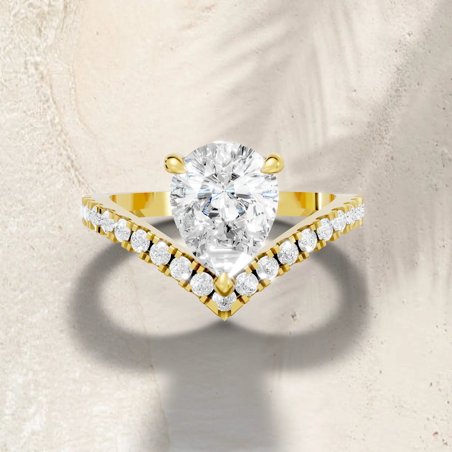 14K Gold Pear Cut Diamond V Shape Engagement Ring with Side Accents