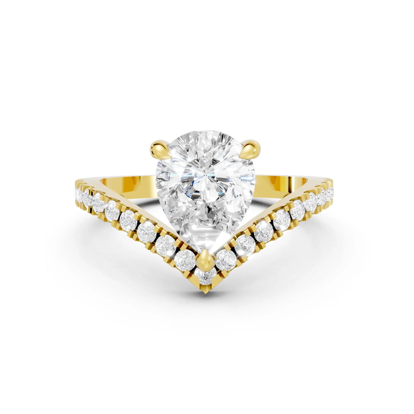 14K Gold Pear Cut Diamond V Shape Engagement Ring with Side Accents