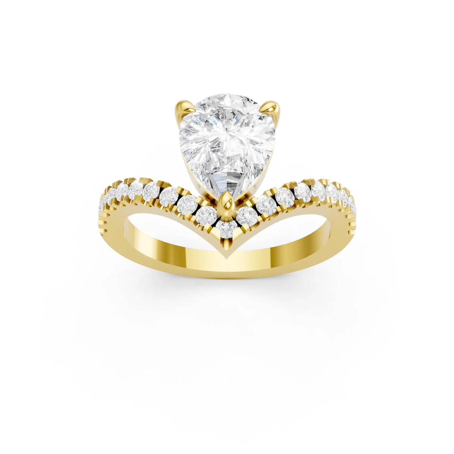 14K Gold Pear Cut Diamond V Shape Engagement Ring with Side Accents