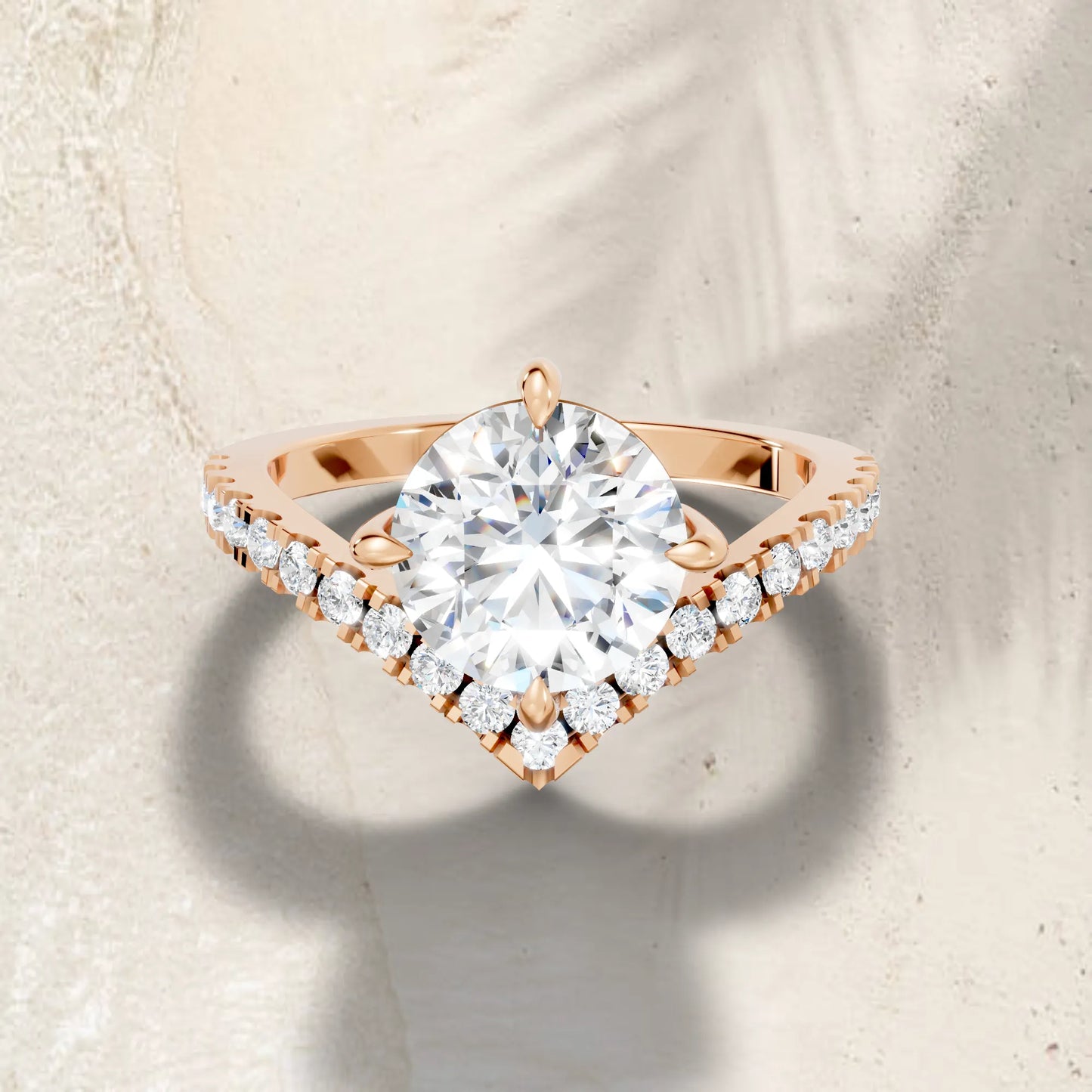 14K Gold Round Cut Diamond V Shape Engagement Ring with Side Accents