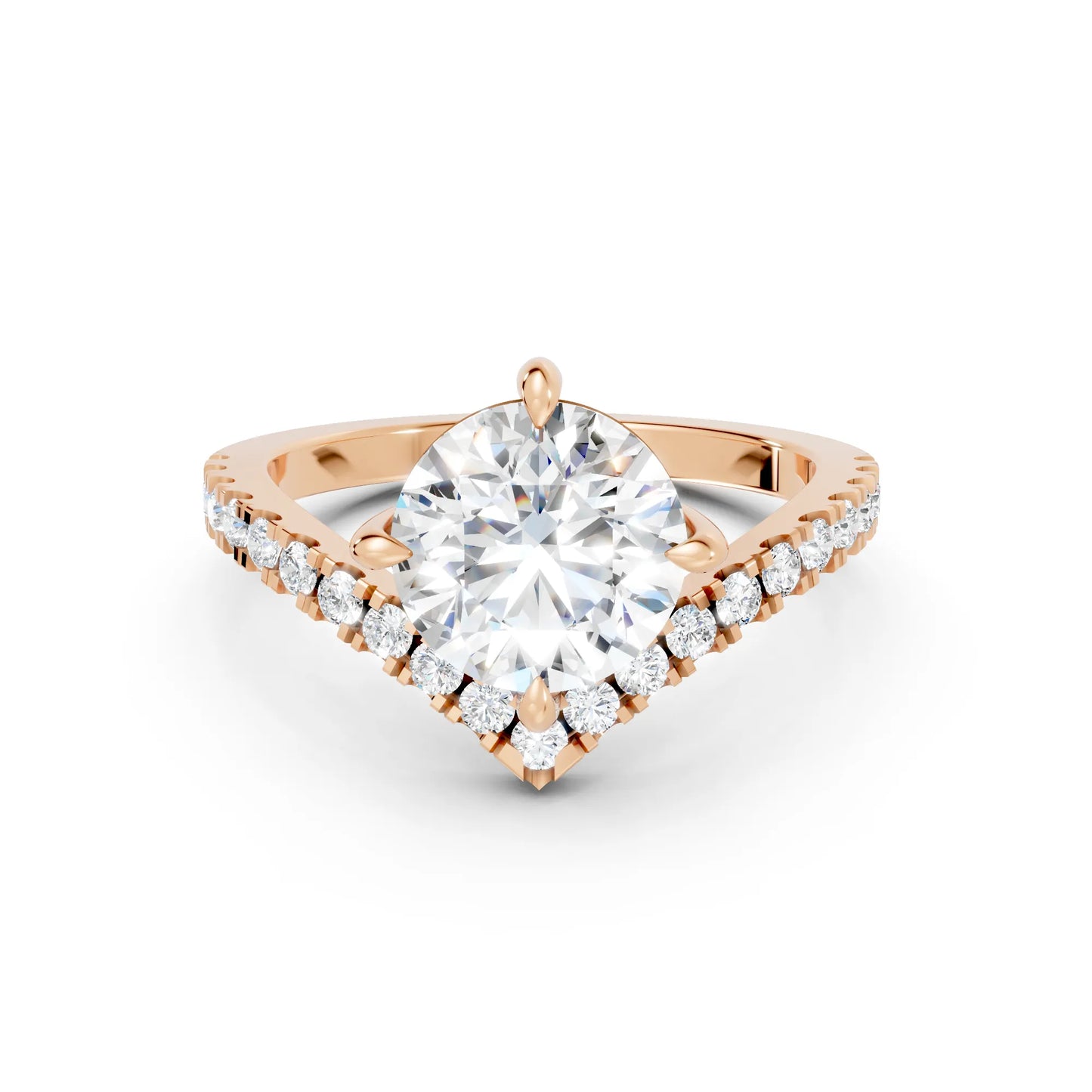 14K Gold Round Cut Diamond V Shape Engagement Ring with Side Accents