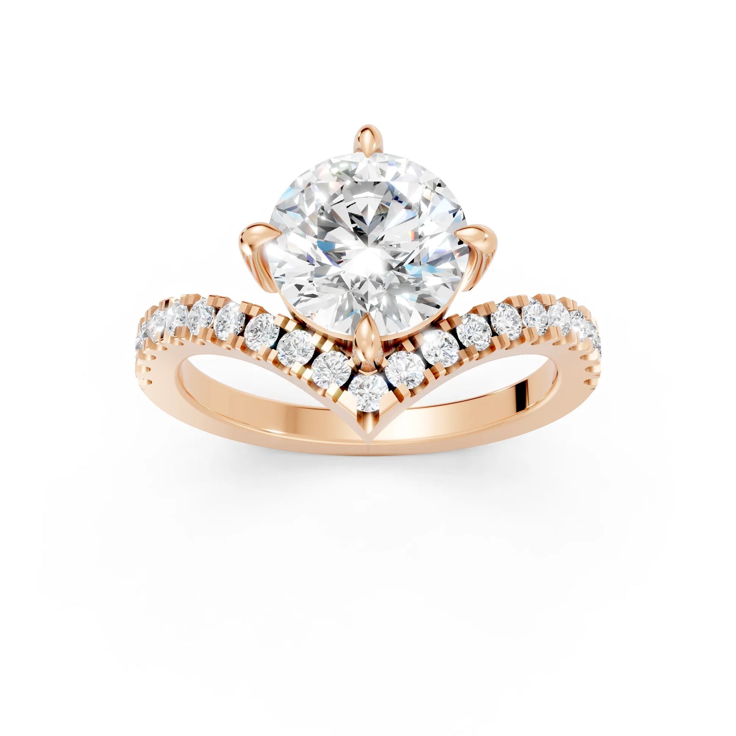 14K Gold Round Cut Diamond V Shape Engagement Ring with Side Accents