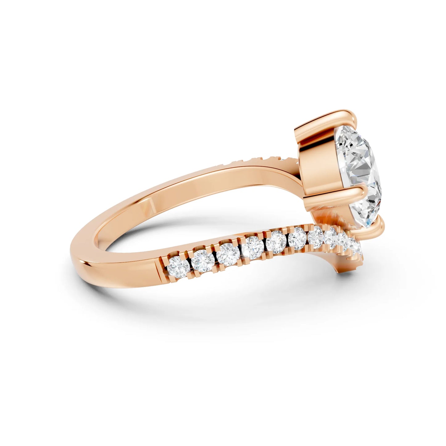 14K Gold Round Cut Diamond V Shape Engagement Ring with Side Accents