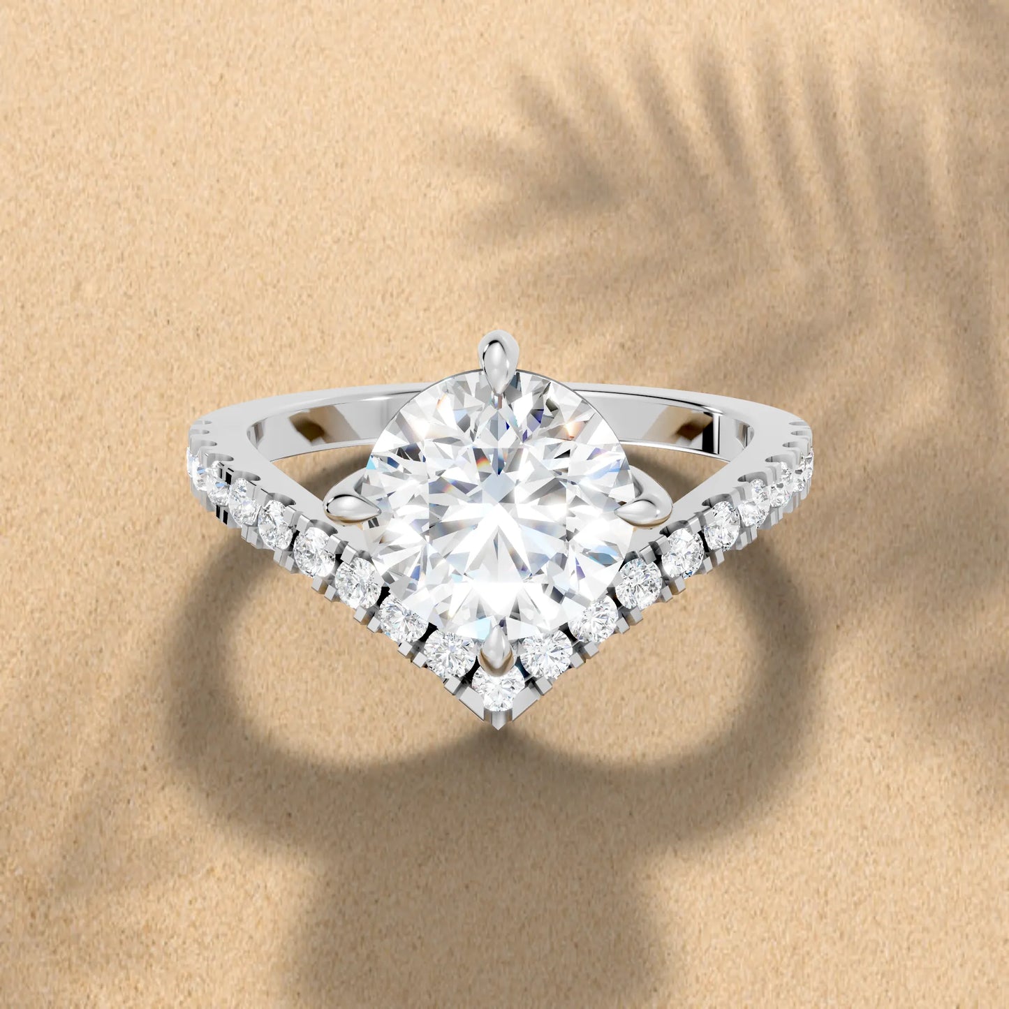 14K Gold Round Cut Diamond V Shape Engagement Ring with Side Accents