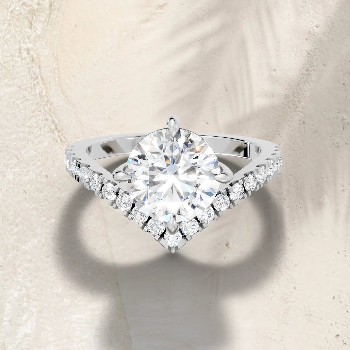 14K Gold Round Cut Diamond V Shape Engagement Ring with Side Accents
