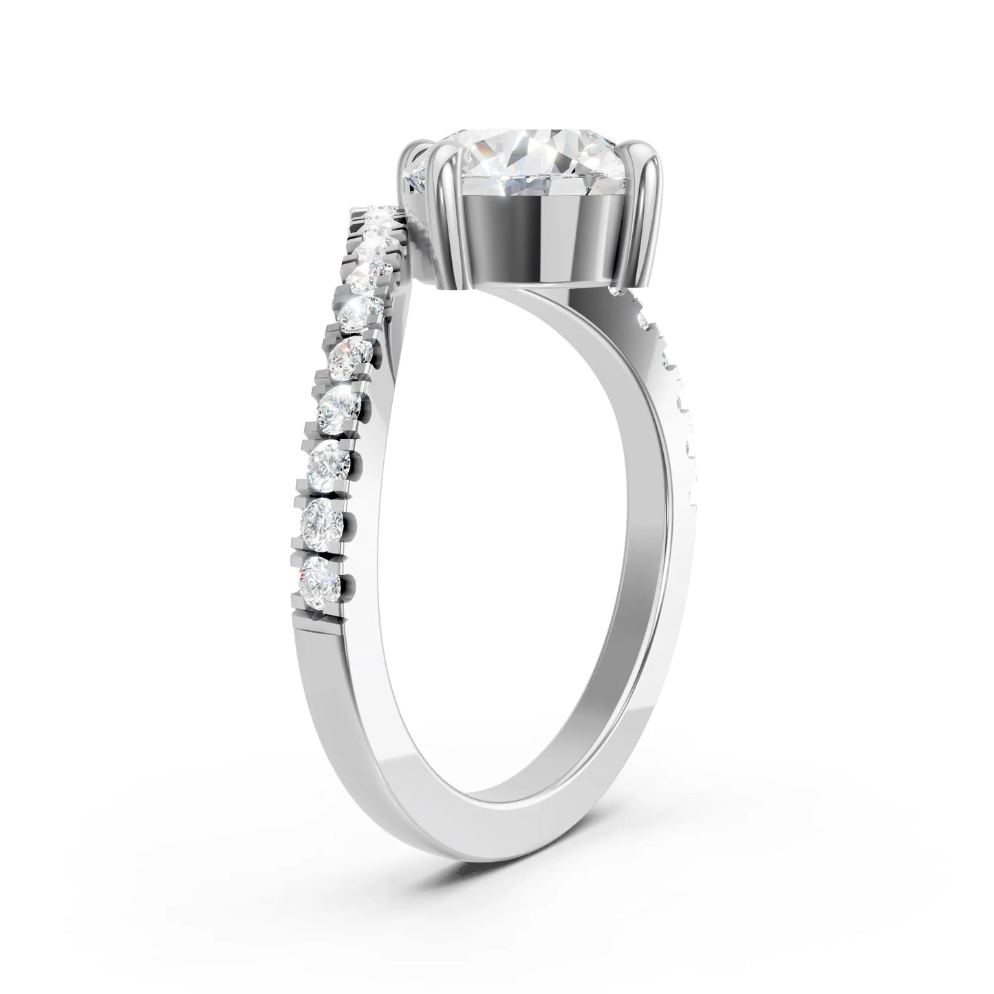 14K Gold Round Cut Diamond V Shape Engagement Ring with Side Accents