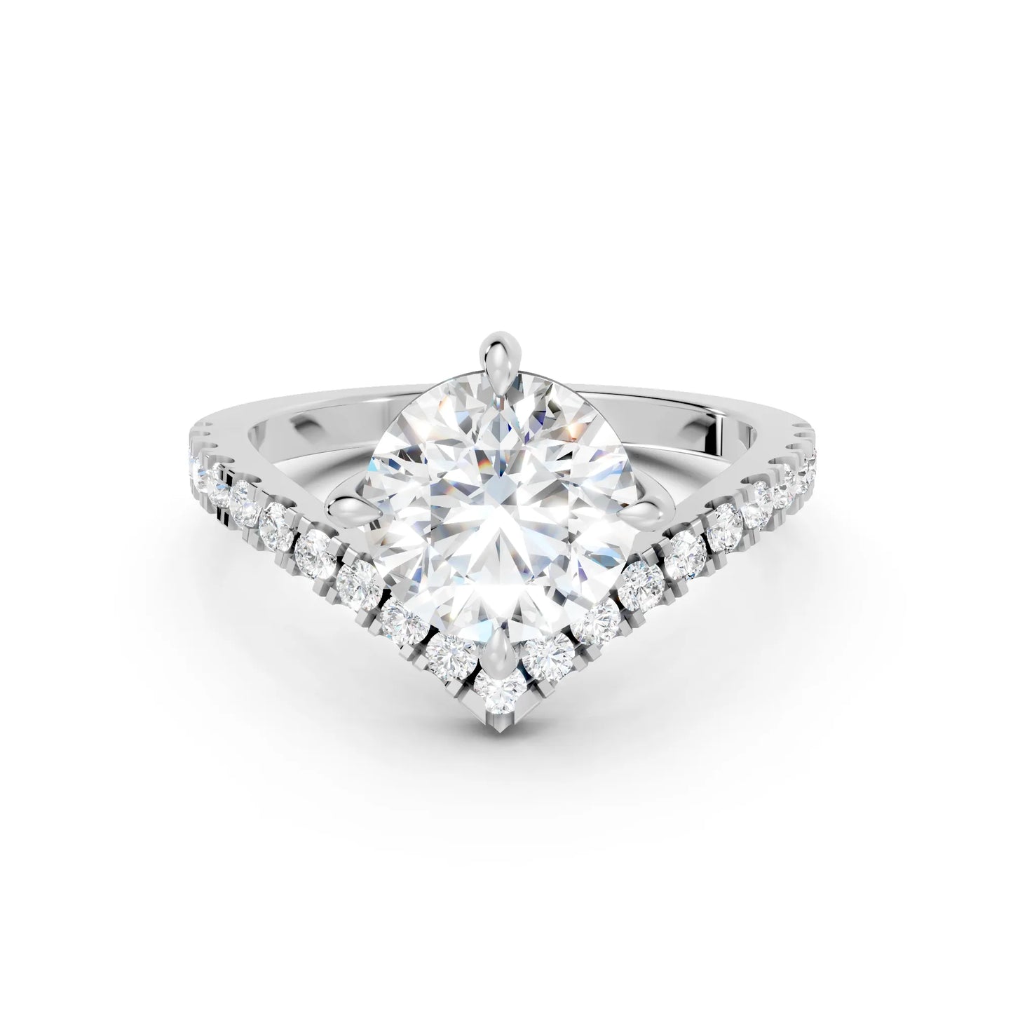14K Gold Round Cut Diamond V Shape Engagement Ring with Side Accents