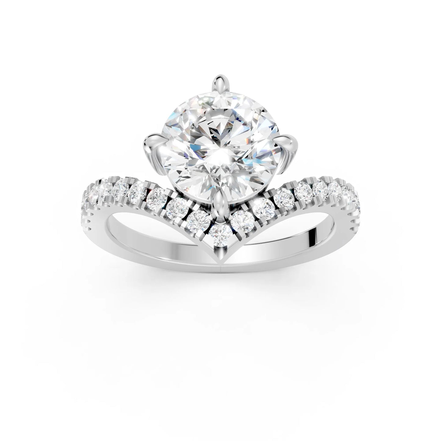 14K Gold Round Cut Diamond V Shape Engagement Ring with Side Accents