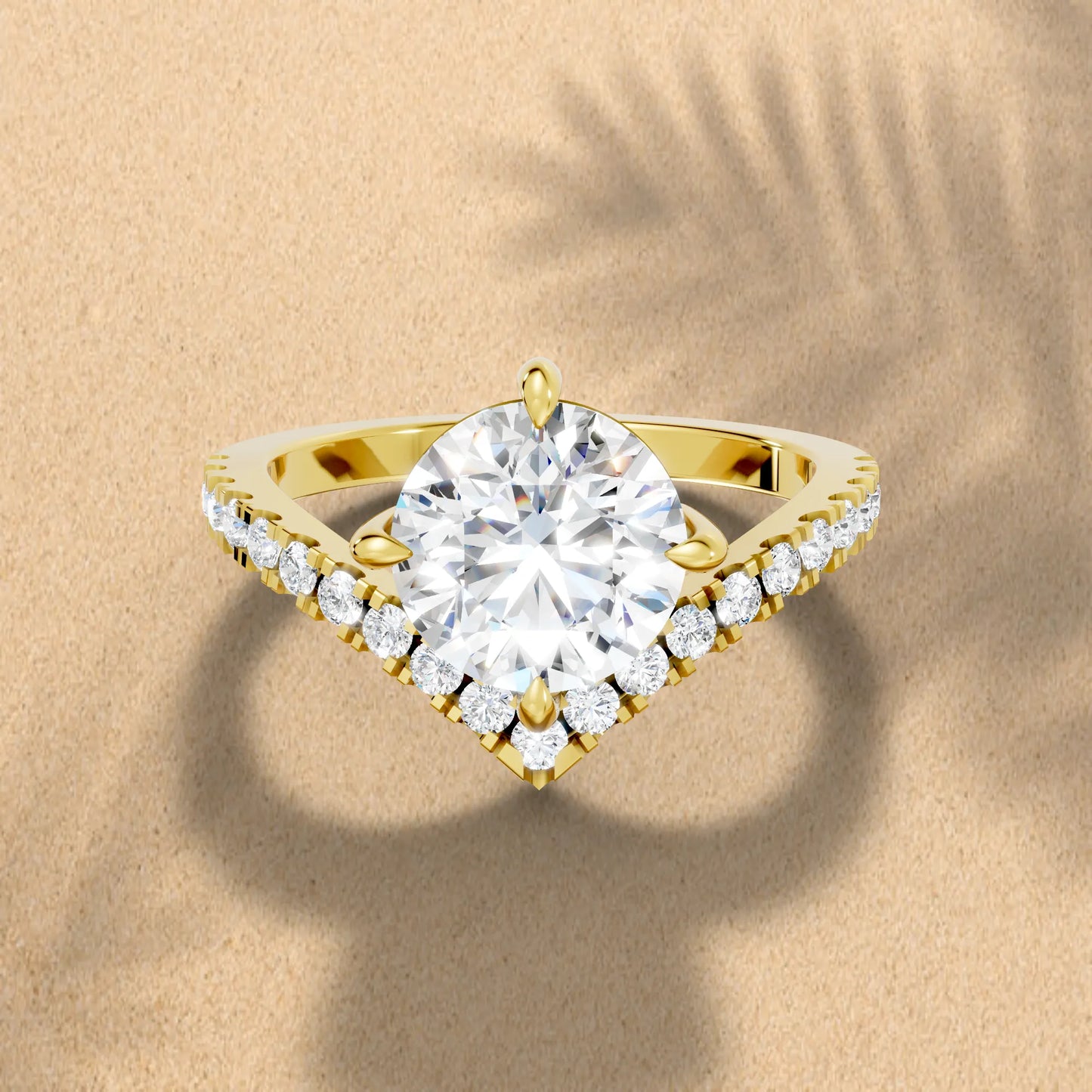 14K Gold Round Cut Diamond V Shape Engagement Ring with Side Accents