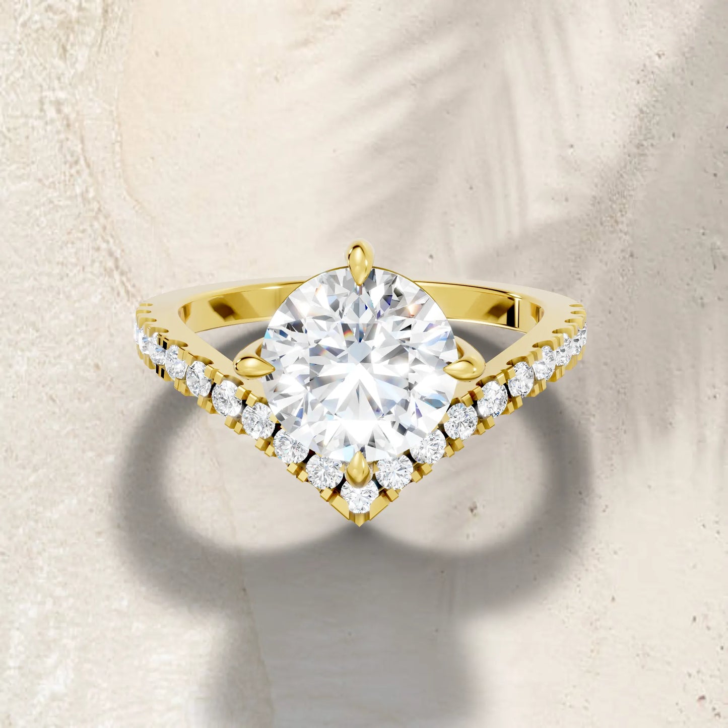 14K Gold Round Cut Diamond V Shape Engagement Ring with Side Accents