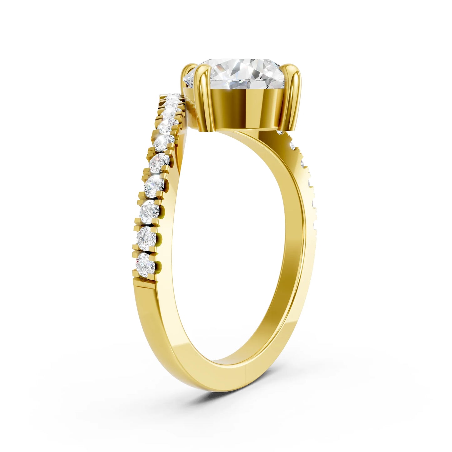 14K Gold Round Cut Diamond V Shape Engagement Ring with Side Accents