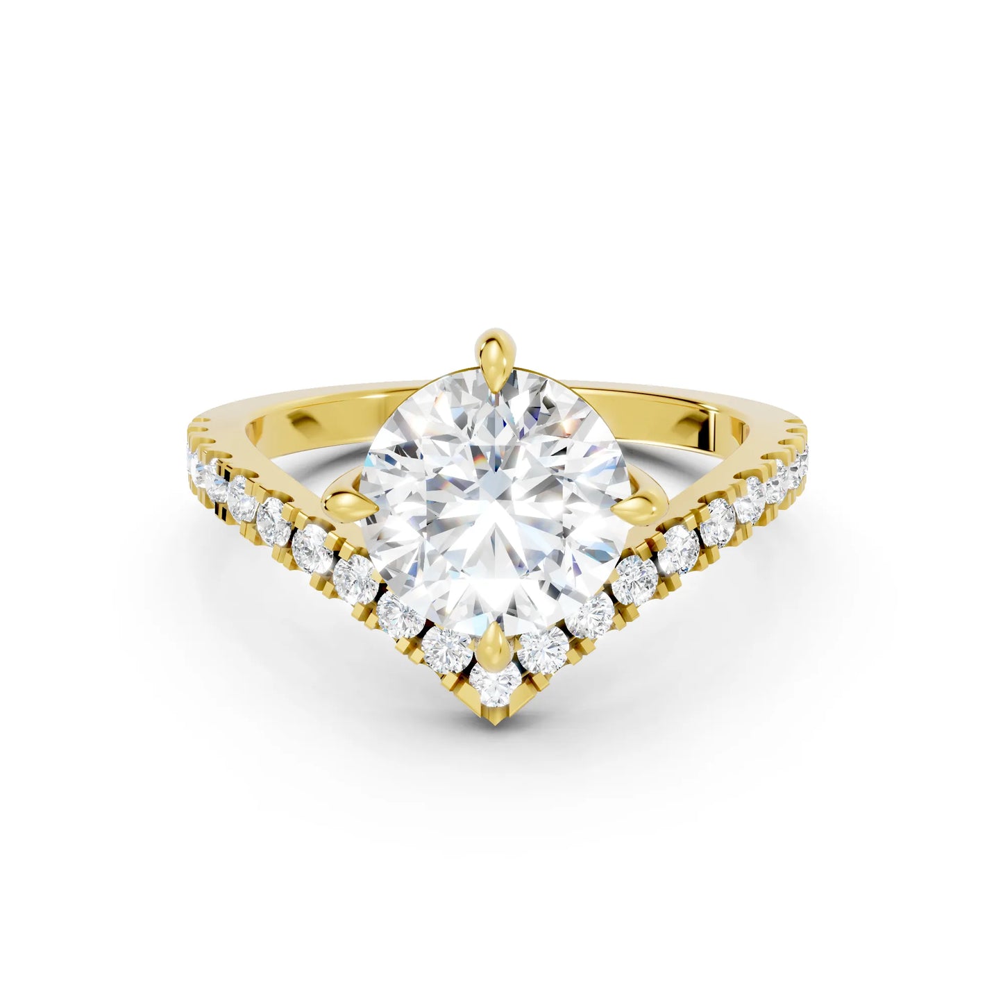 14K Gold Round Cut Diamond V Shape Engagement Ring with Side Accents