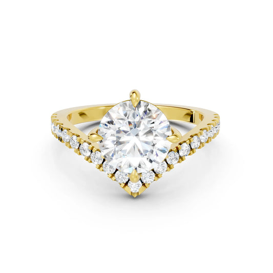 14K Gold Round Cut Diamond V Shape Engagement Ring with Side Accents