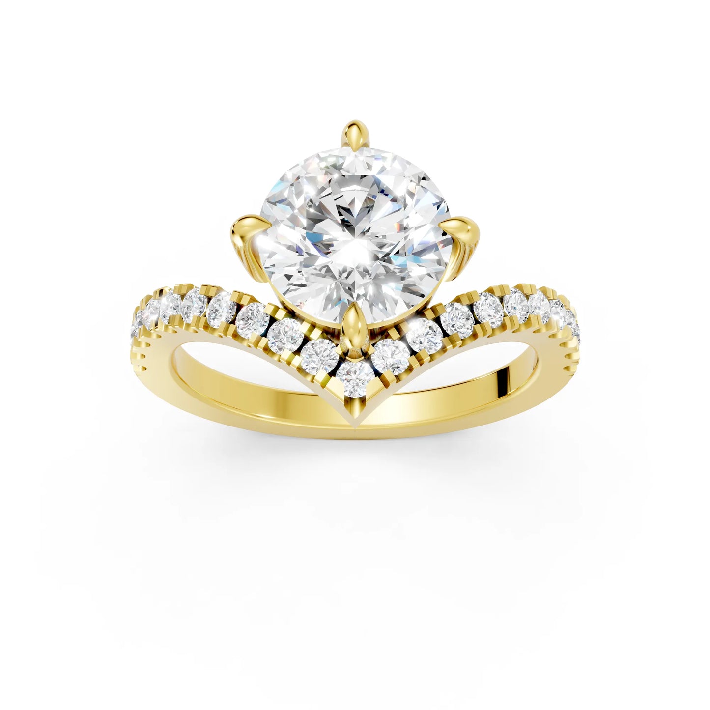 14K Gold Round Cut Diamond V Shape Engagement Ring with Side Accents