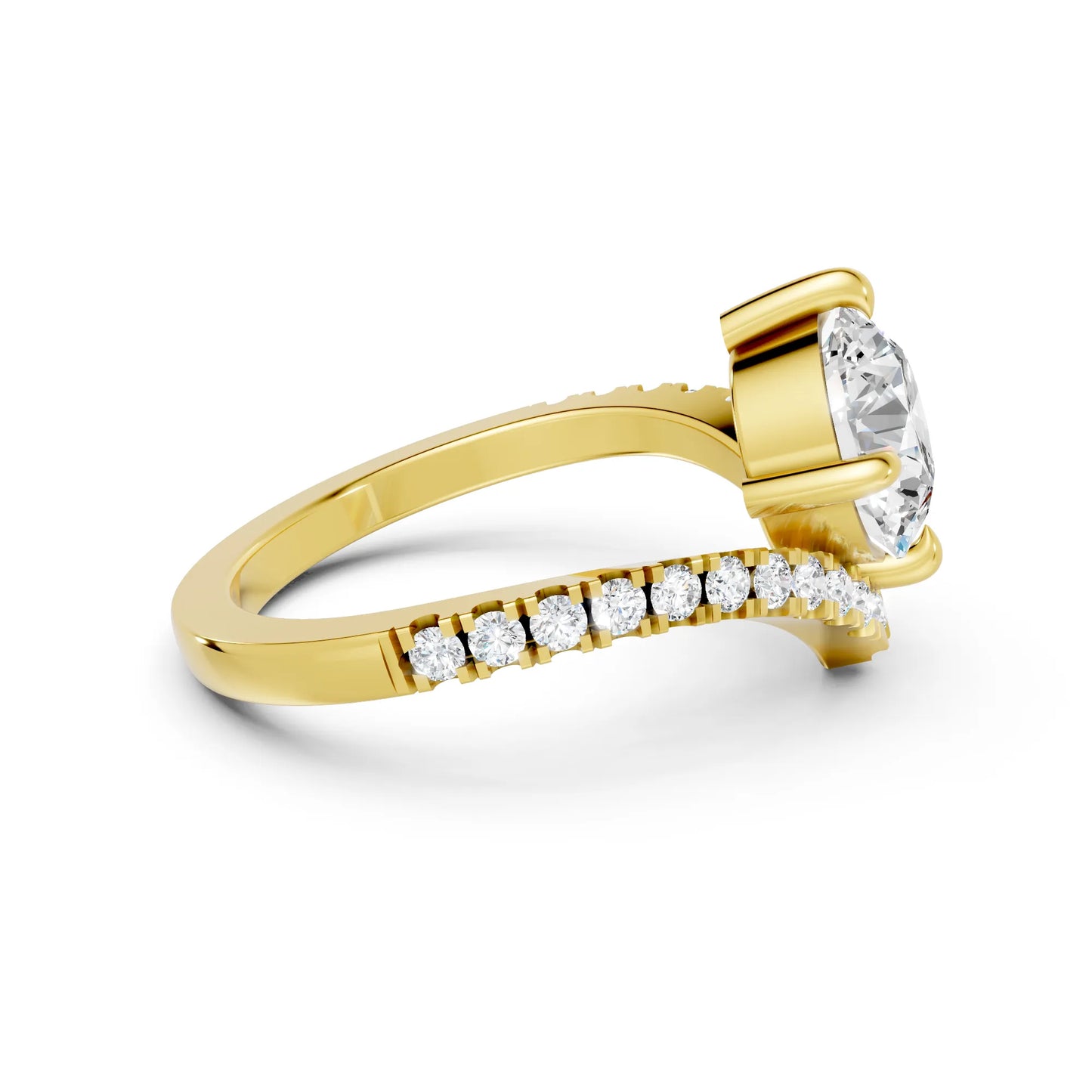 14K Gold Round Cut Diamond V Shape Engagement Ring with Side Accents